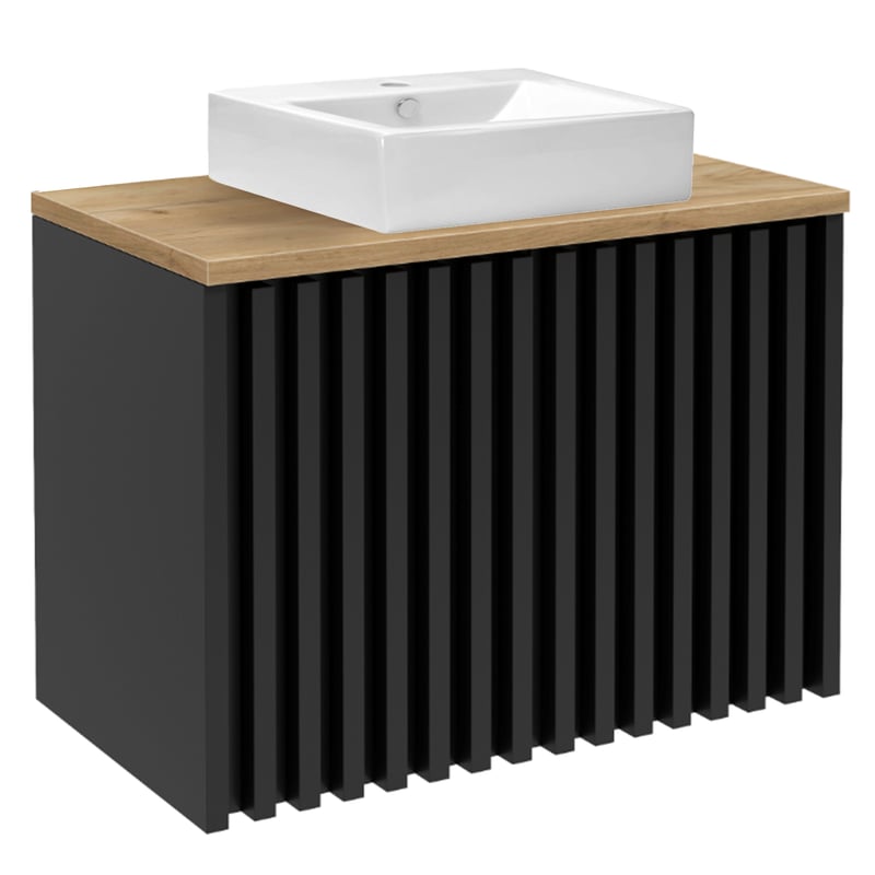 Szafka Łazienkowa Czarna Lamele z Umywalką i Blatem Dąb 80x56x45cm Wisząca