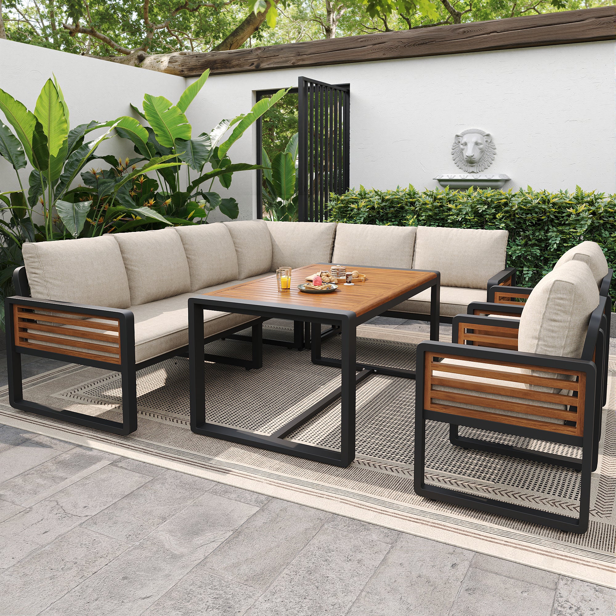 Salon de jardin modulable en fer galvanisé 7 places : 2 canapé 2 places + 3 fauteuils + 1 table 90 x 63 x 63 cm - Beige - 4