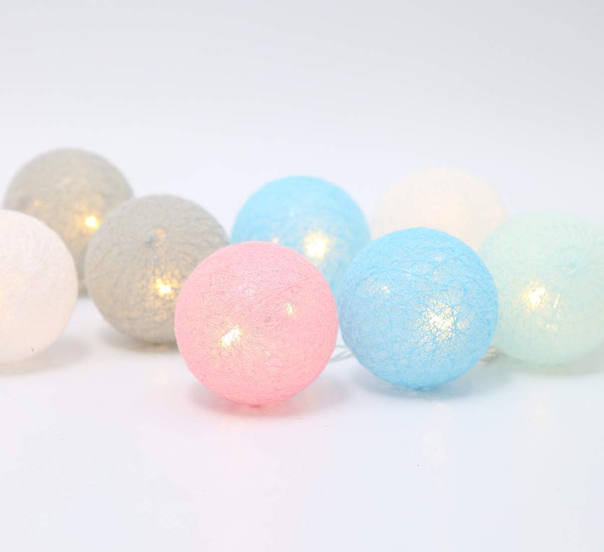 Bande lumineuse boules de coton - 3 m 20 LED - Couleur macaron - Alimentation par piles - Lumière blanche chaude (avec flash) - 2