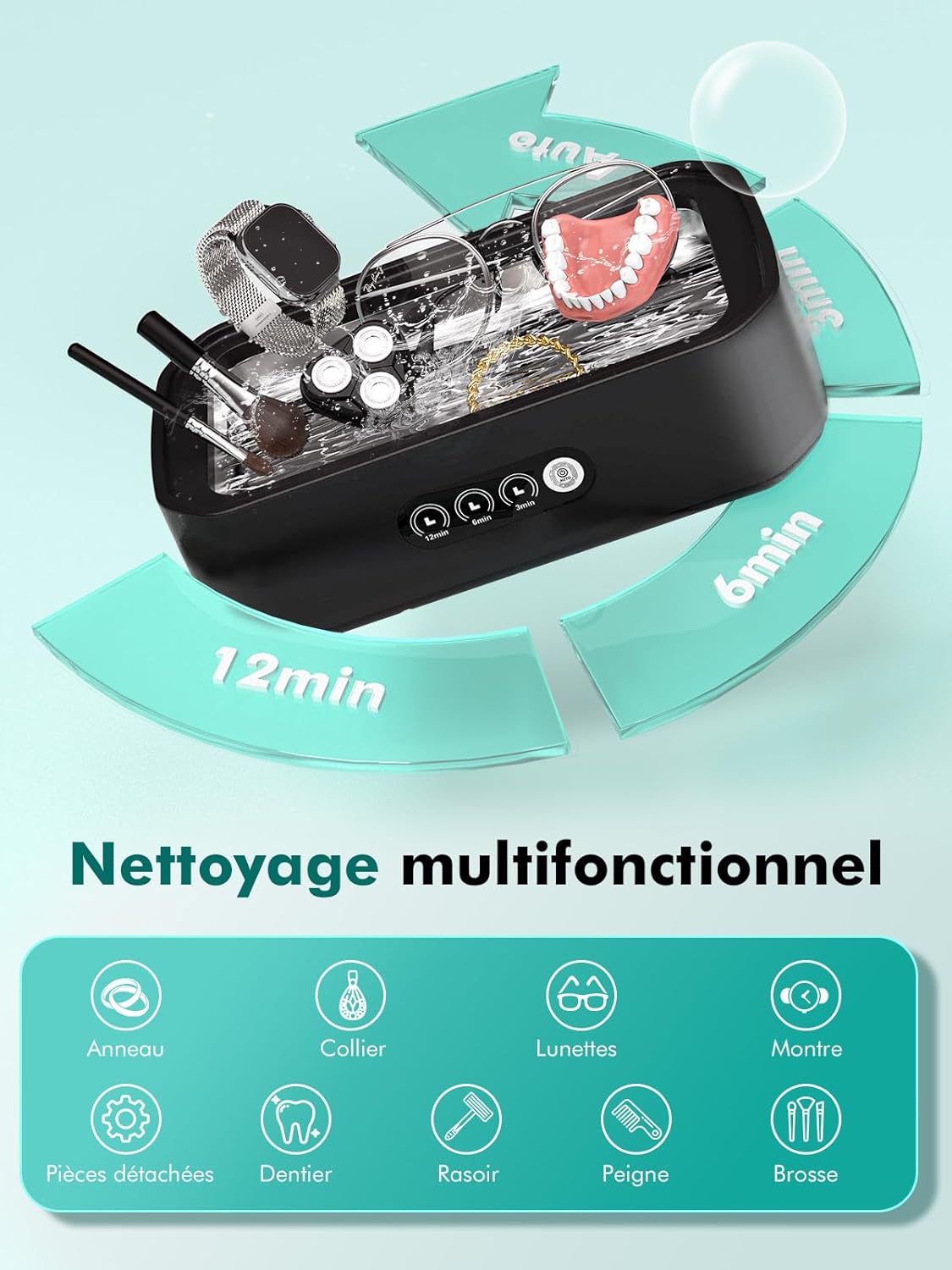 Nettoyeur à ultrasons, 48 ​​kHz, 650 ml, à une touche, adapté au nettoyage des lunettes, bijoux et prothèses dentaires - 5