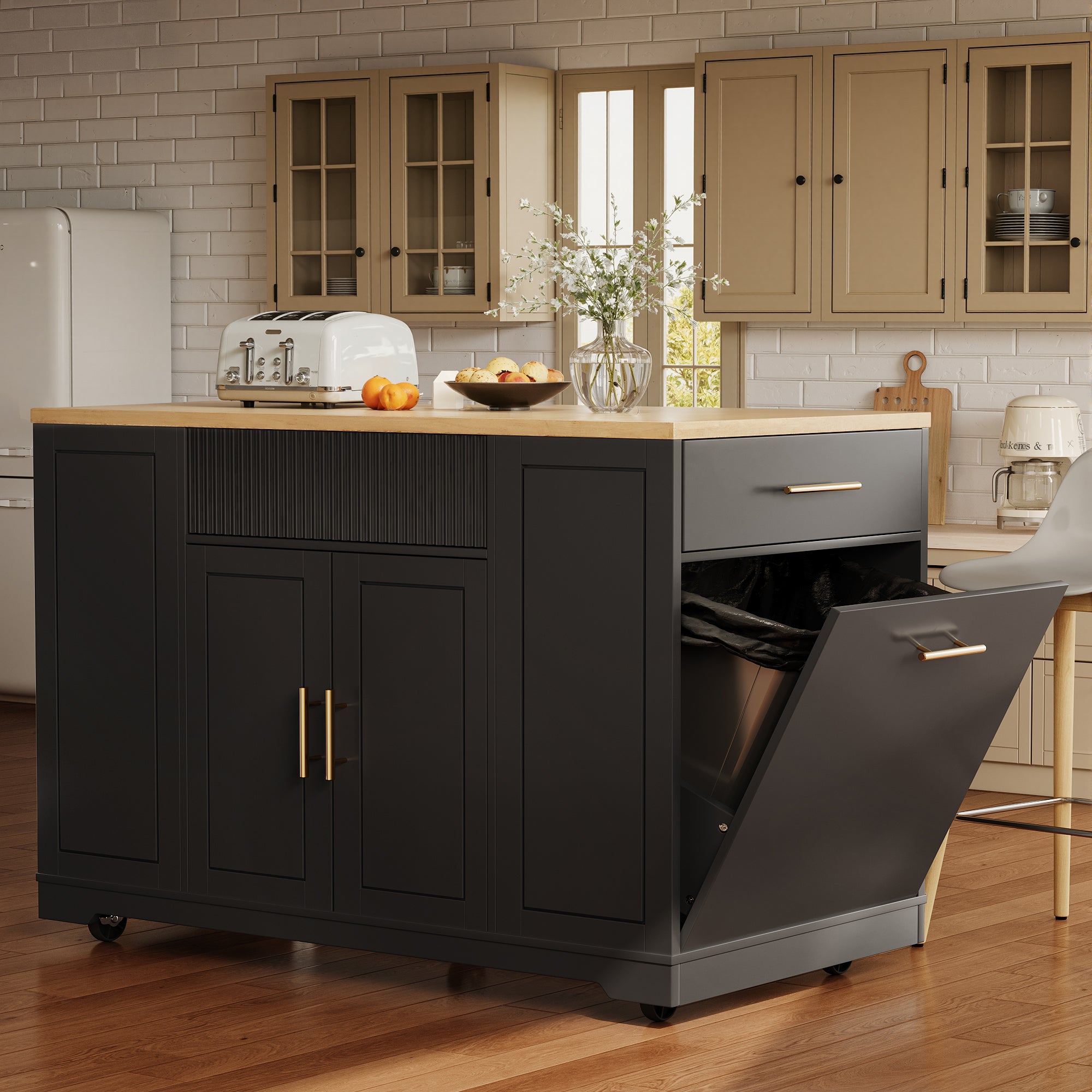 Îlot central de cuisine mobile avec 2 portes, 3 tiroirs et compartiment poubelle - 120 x 50 x 92 cm - MDF + Métal - Noir - 3