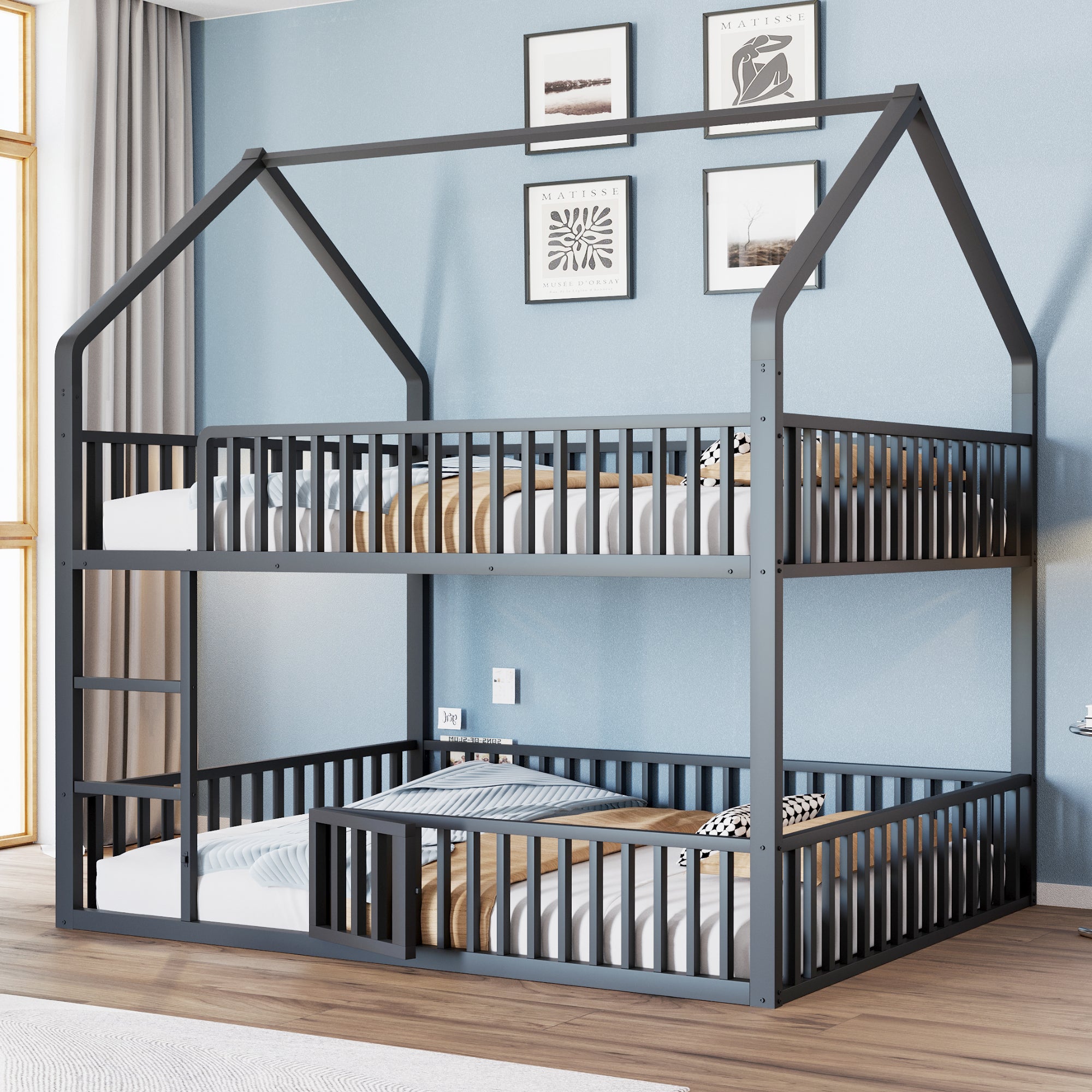 Lit Dziecięcy Bunk-140x200-Schody+Drzwi Wysuwne-Stal Mocna-Bariera Bezpieczeństwa-Czarny/Biały