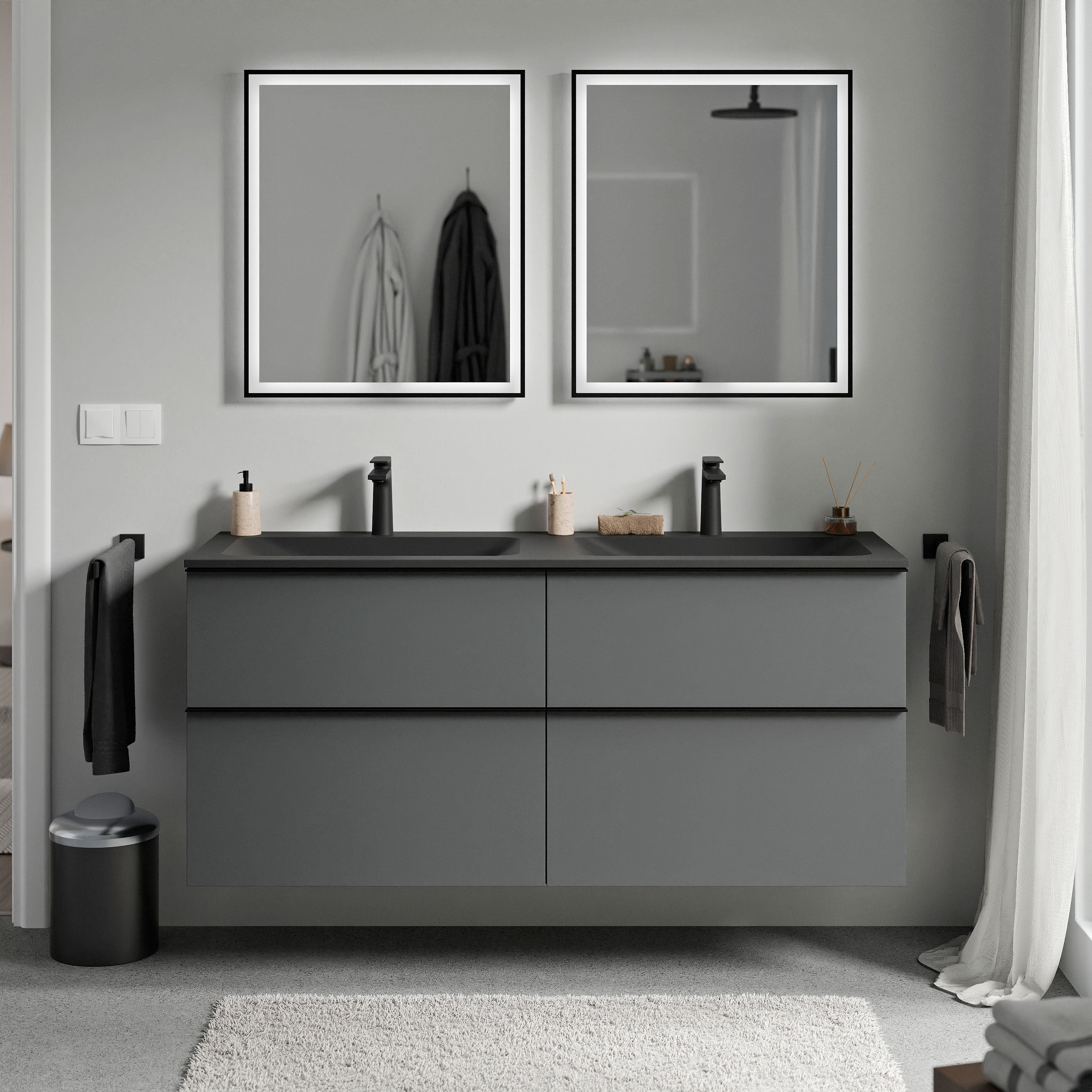 Bernstein - mueble lavabo suspendido mdf antracita mate, lavabo fundición negro mate + orificio grifería, tirador cromado 140x46x62cm lavoa