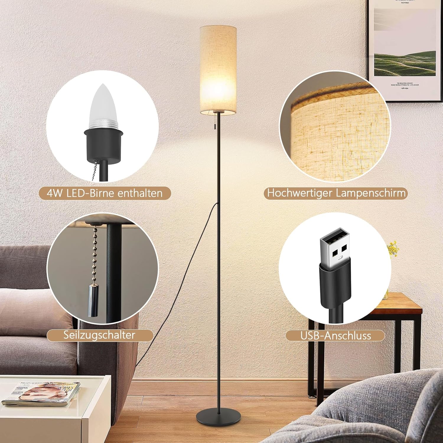 ZMH Lampa podłogowa LED Retro z kloszem z tkaniny ściemniającej do salonu z przełącznikiem kablowym - 6