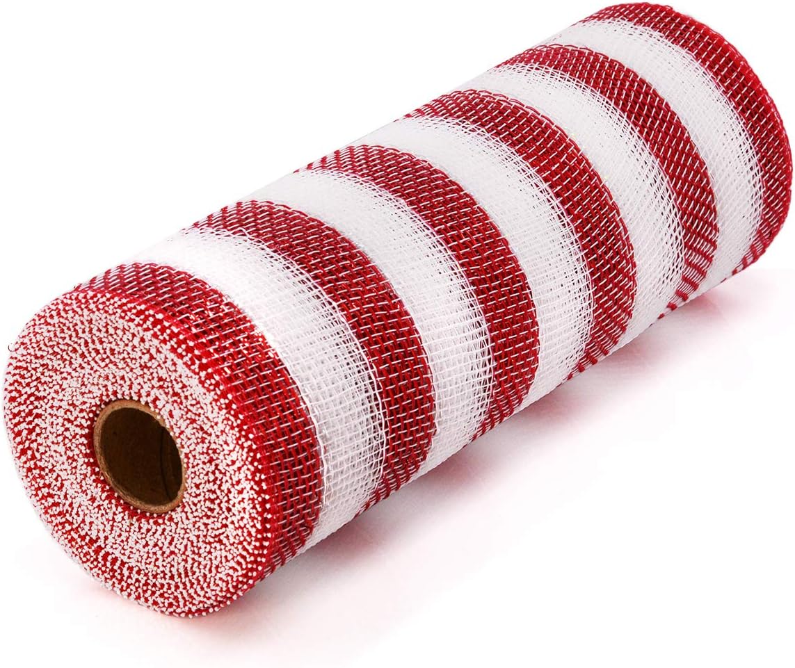 Rolka metalicznej wstążki w czerwono-białe paski, 25 cm x 9,1 m, do wieńców, girland, rękodzieła, dekoracji i przyjęć – 1 rolka
