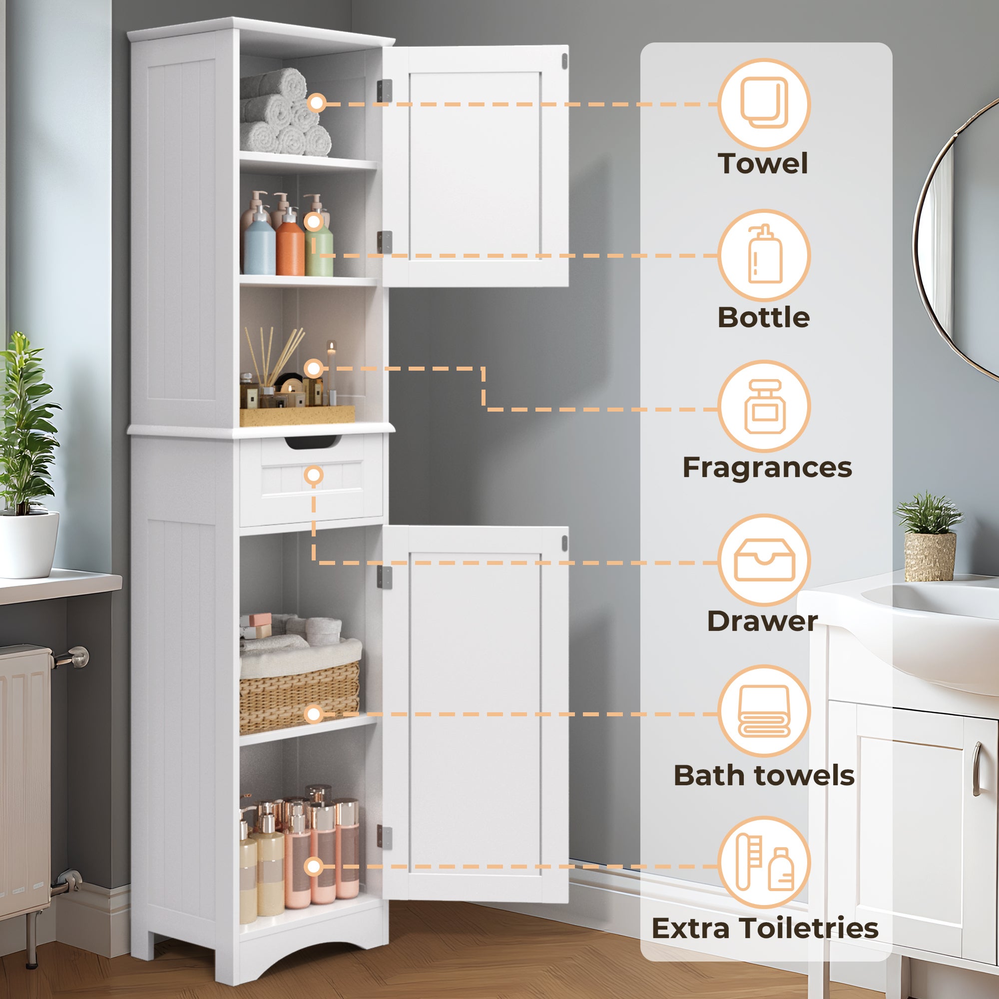 Bealife Mobile Colonna per Bagno con Ripiano con Piedistallo, Armadio Alto a 2 Ante, 1 Cassetto, 1 Ripiano Aperto e Ripiano Regolabile - 8