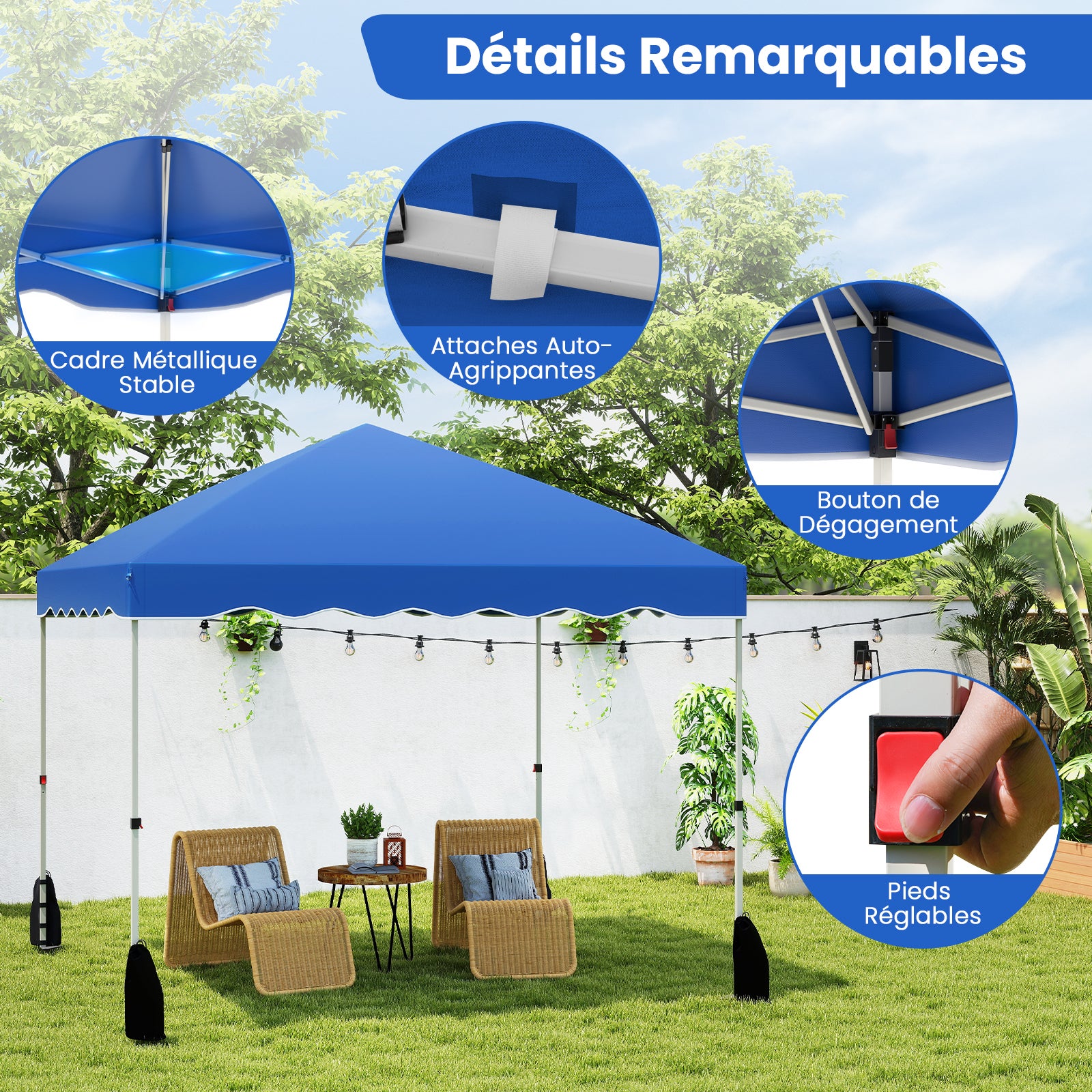Carpa Plegable 3x3 m Impermeable, Cenador Jardin con Bolsa de Transporte sobre Ruedas, Altura Ajustable, Pergola Exterior con 4 Sacos de Arena, (Azul) - 2