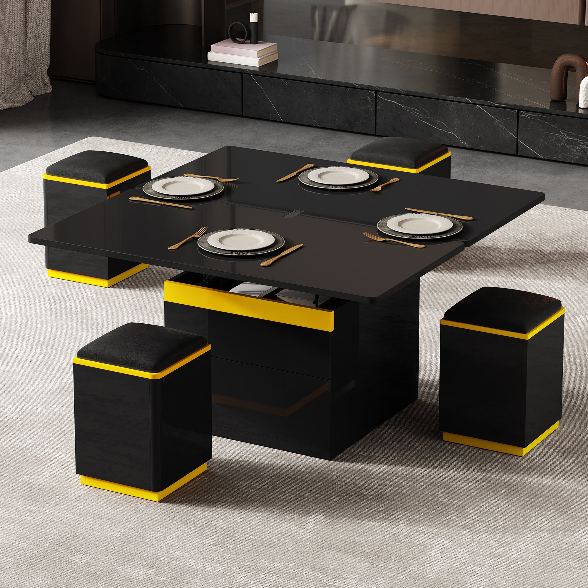 Stolik kawowy z podnoszonym blatem, 4 krzesłami i 2 szufladami – 100 x 50 x 43 cm – Płyta wiórowa + MDF – Czarny - 6