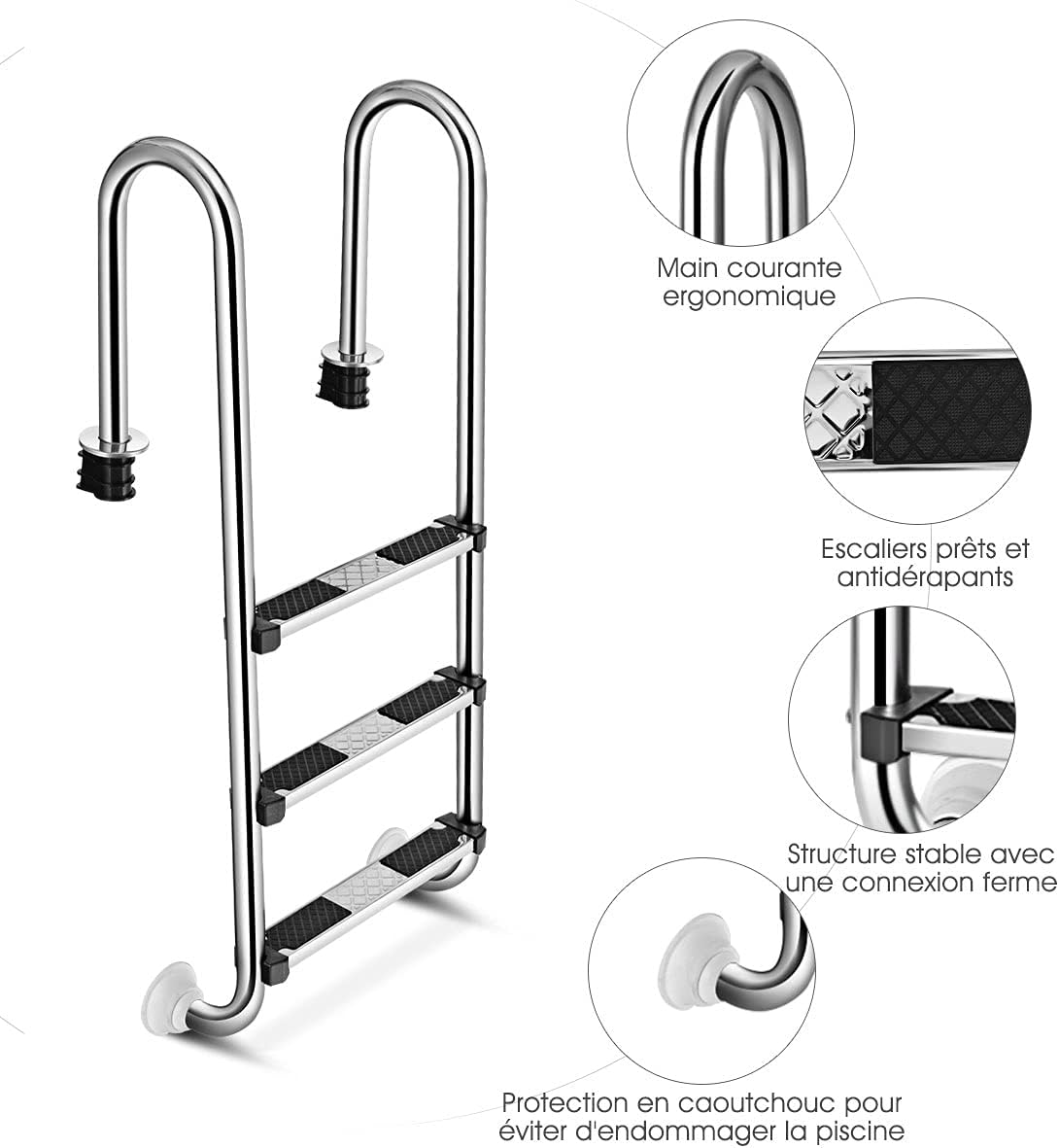 Escalera de piscina de acero inoxidable de 3 peldaños (132 x 50 x 26,5 cm) con pedales antideslizantes y base de plástico - 2