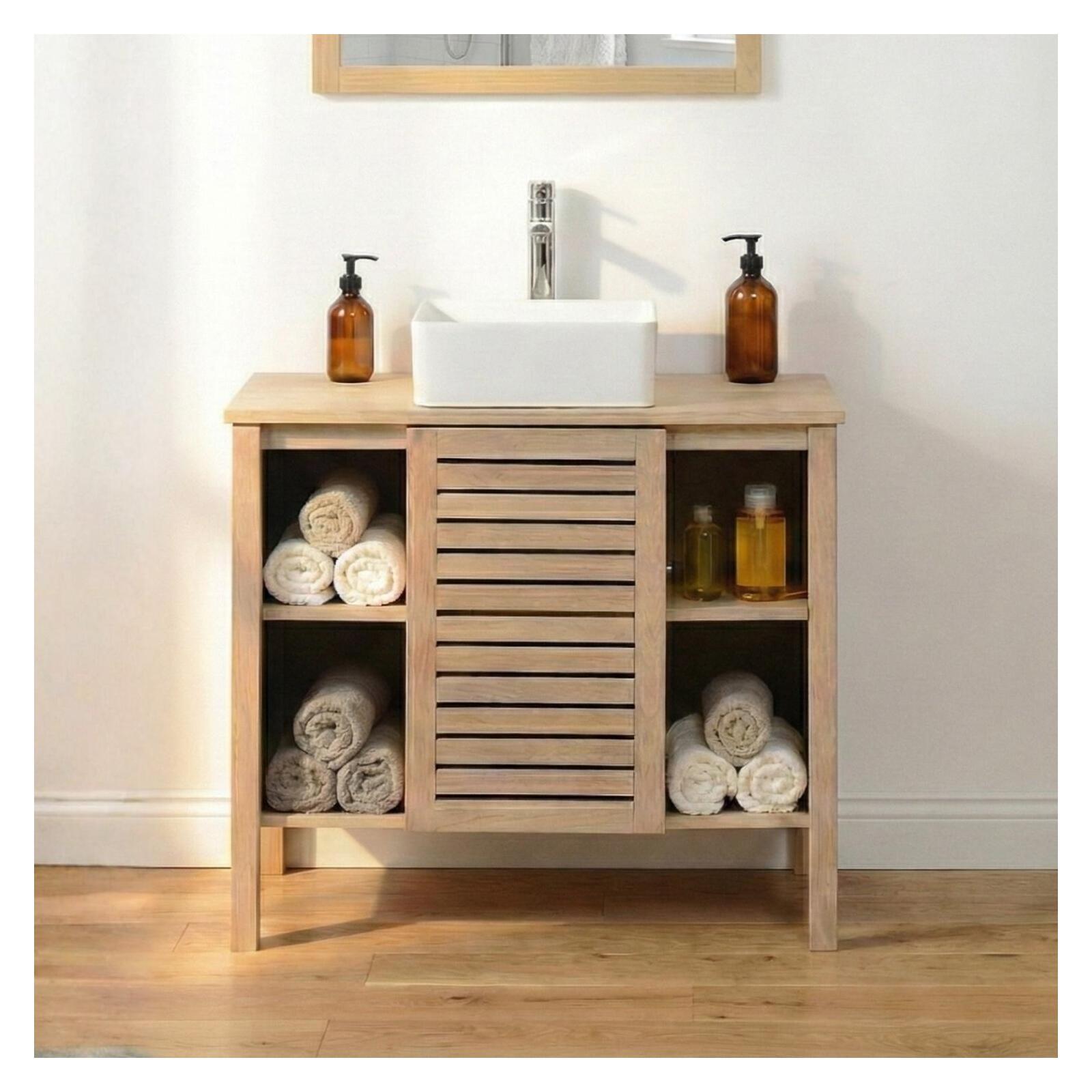 Mueble de lavabo individual con patas de roble natural de 90 cm TALIX - 5