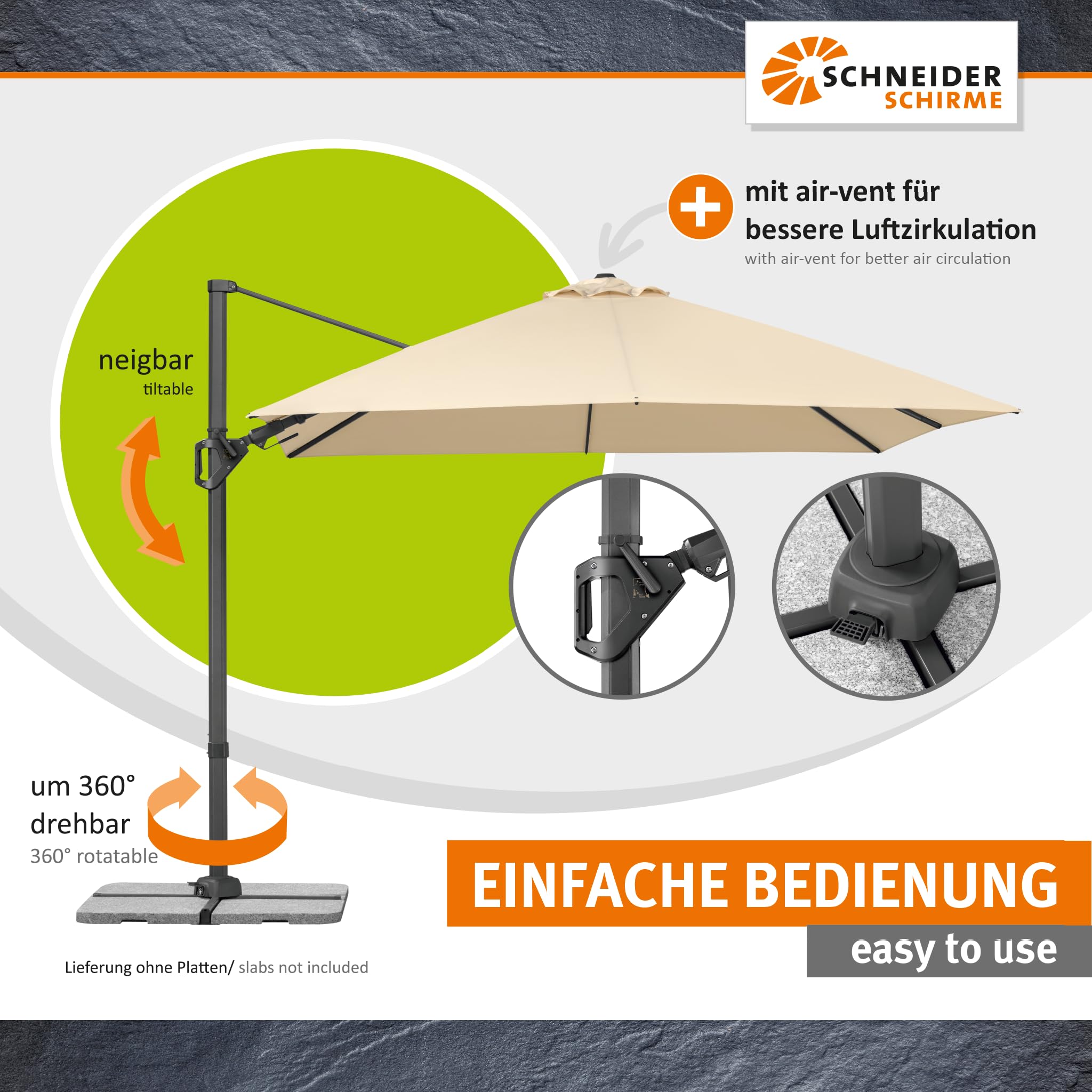 Parasol déporté Schneider Vivasol naturel, 300 x 300 cm – rotatif 360°, inclinable, avec housse et support pour dalles - 3