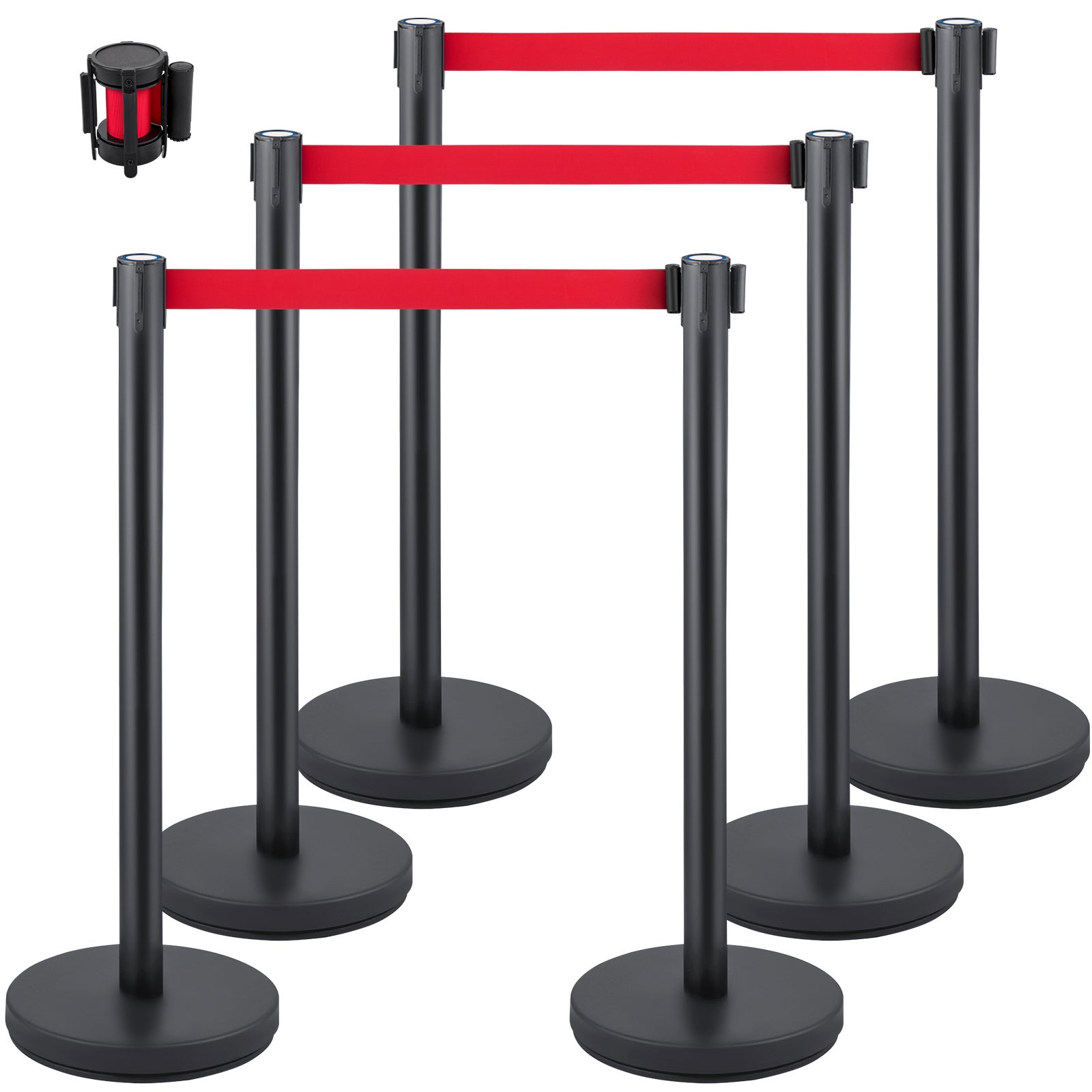 Barrières de contrôle SucceBuy, 6 poteaux en métal avec ceintures rouges rétractables 2 m, base en caoutchouc, montage sans outil - 3