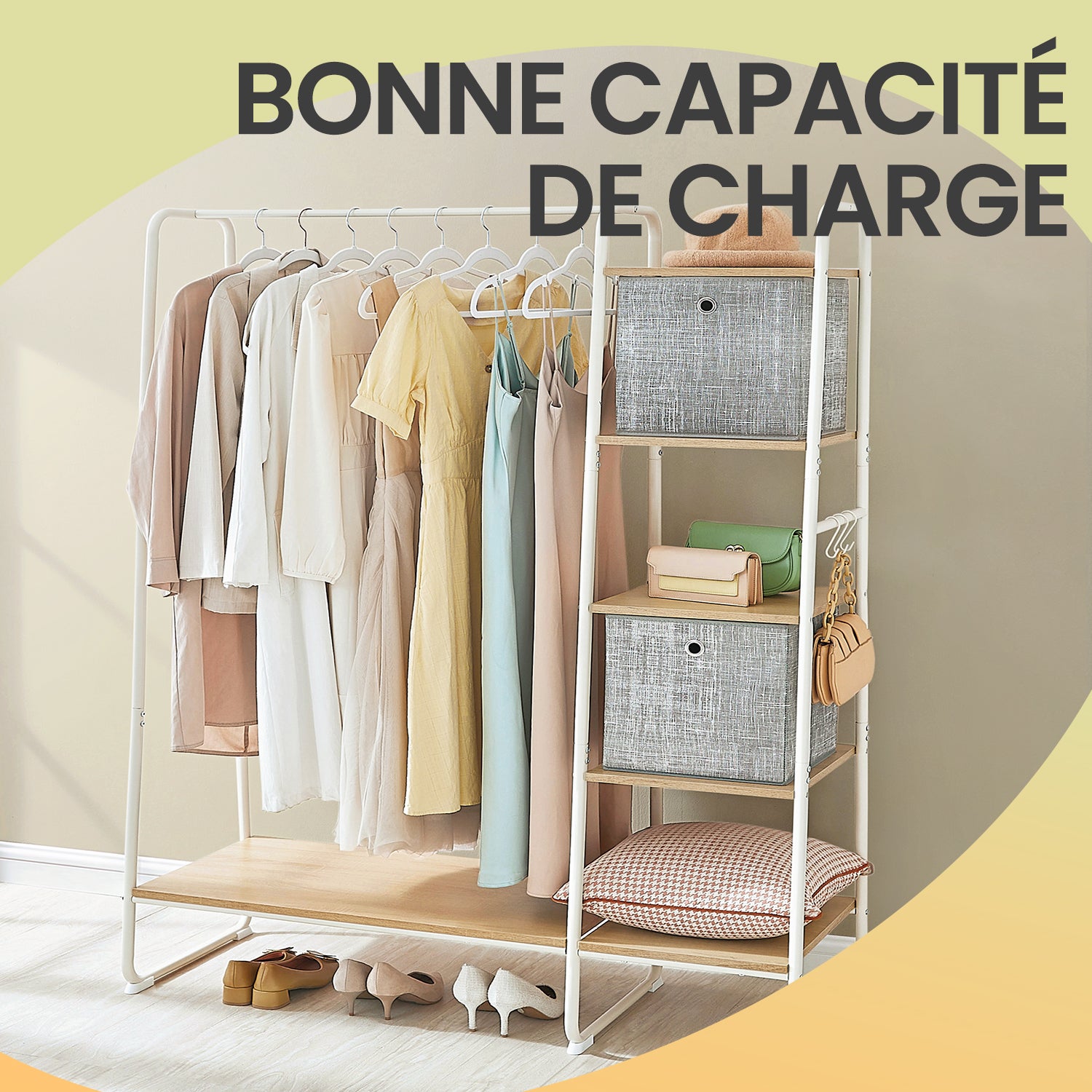 Portant à Vêtements avec Étagère à Chaussures et Rangement à 5 Niveaux, 6 Crochets Latéraux, Blanc - 6