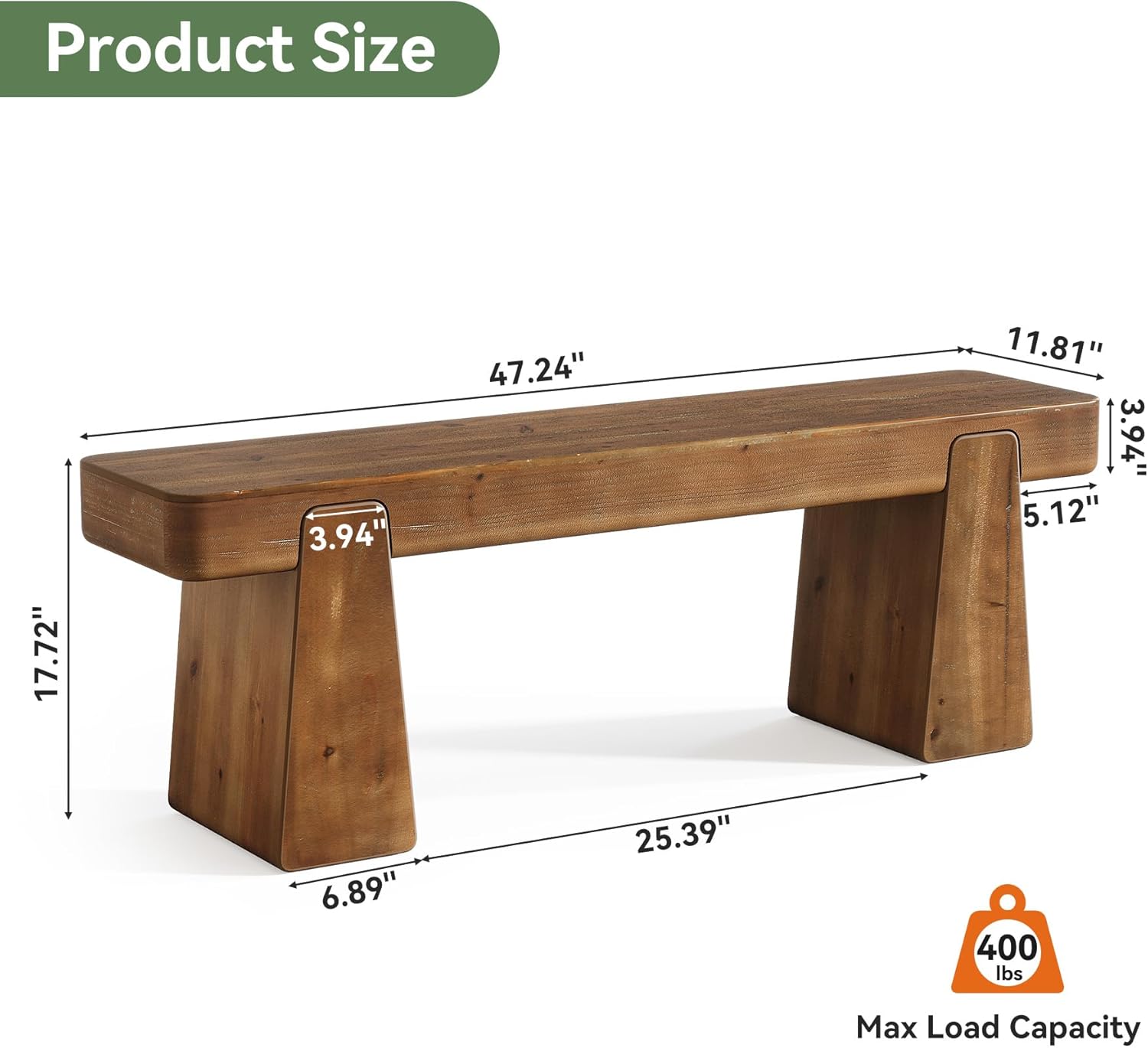 Tribesigns Banc bois massif 120 cm, pieds épais, étroit pour entrée, couloir, salon, pied de lit, brun foncé - 2
