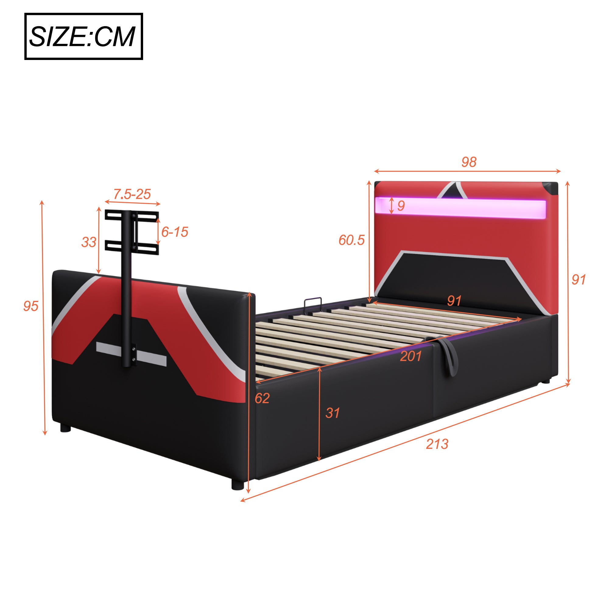 Łóżko dziecięce z pojemnikiem 90 x 200 cm ze stojakiem pod TV i diodami LED - Skóra ekologiczna - Czarny + różowy (Materac nie jest wliczony w cenę) - 8