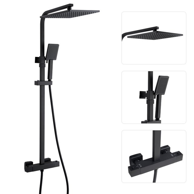 Colonne de Douche Thermostatique, Colonne de Douche Noir Réglable Hauteur, Colonne de douche avec mitigeur, Mitigeur Douche pour Salle de Bain