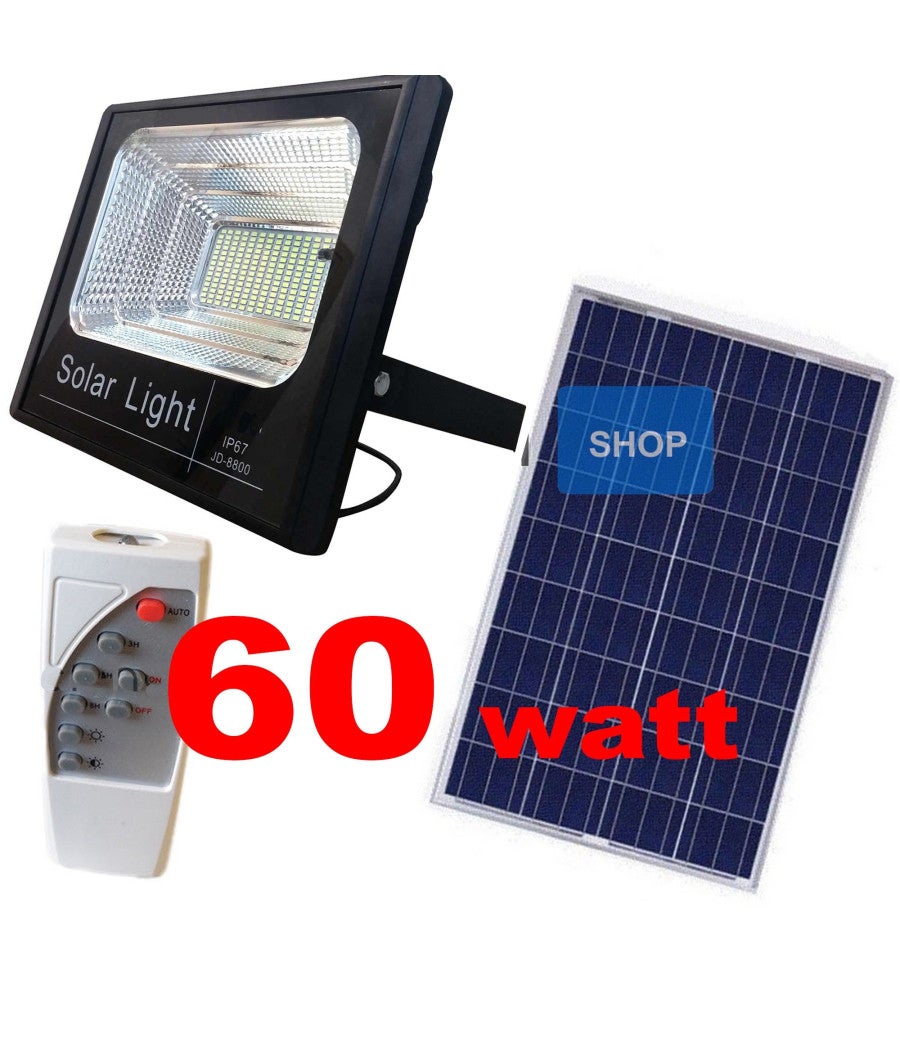 Trade Shop - Faro Pannello Energia Solare Faretto Led Luce Bianca Ip67 Con Telecomando - 60 Watt - 2