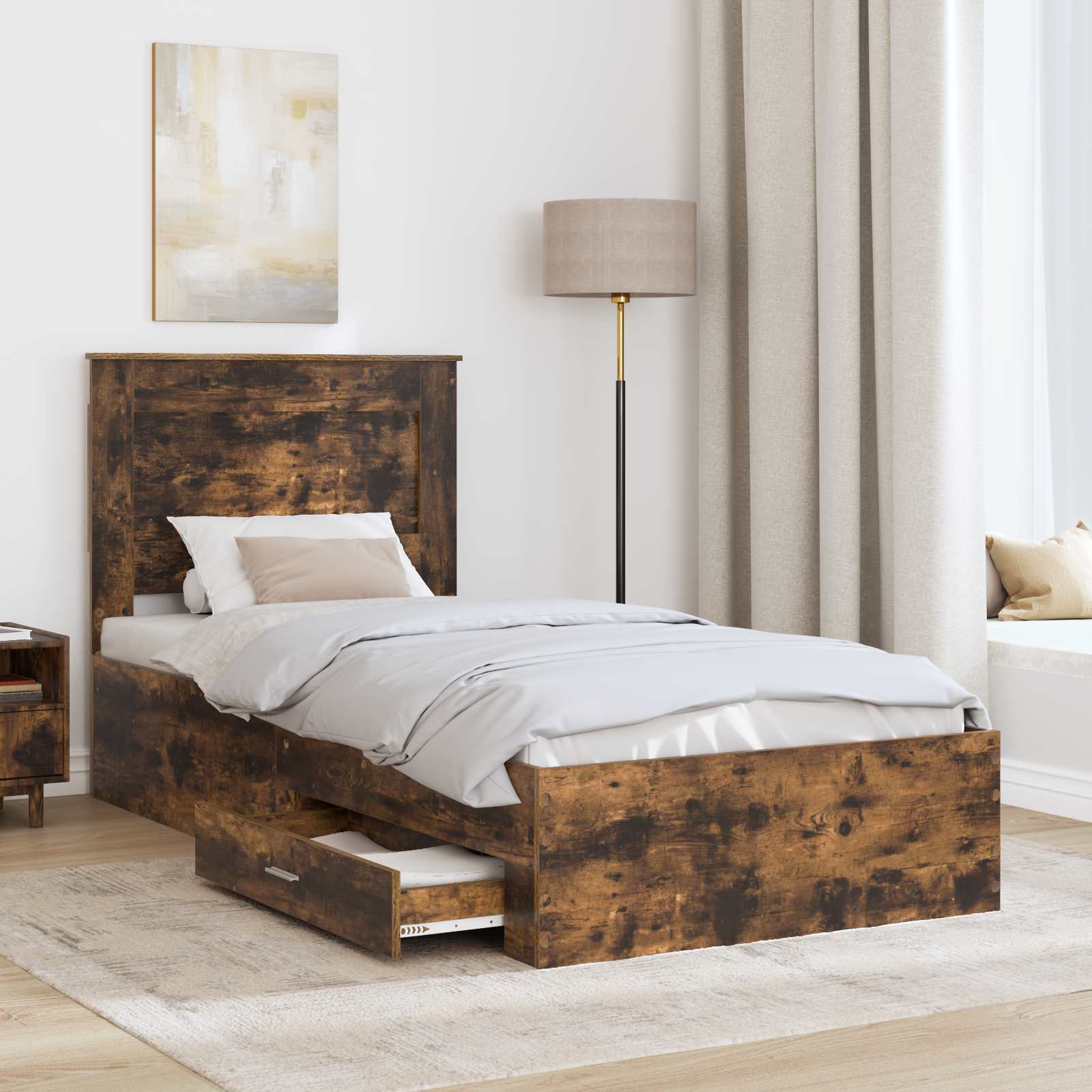 Cadre de lit chêne fumé et argent 75 x 190 cm en panneau de bois - 3