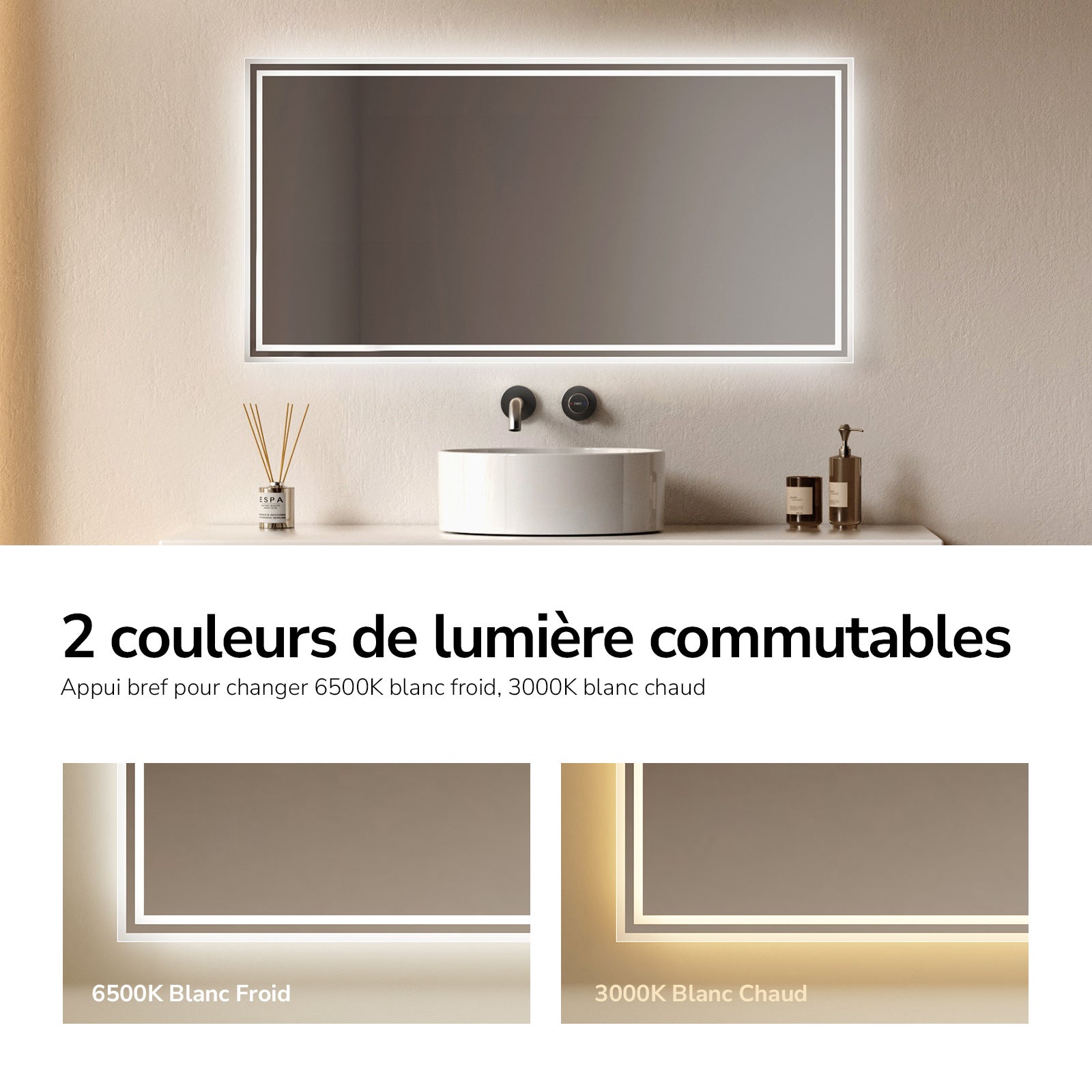 EMKE Specchio con illuminazione integrata 120 × 60 cm, con interruttore a pulsante, funzione antiappannamento e memoria, luce 3000K/6500K - 3