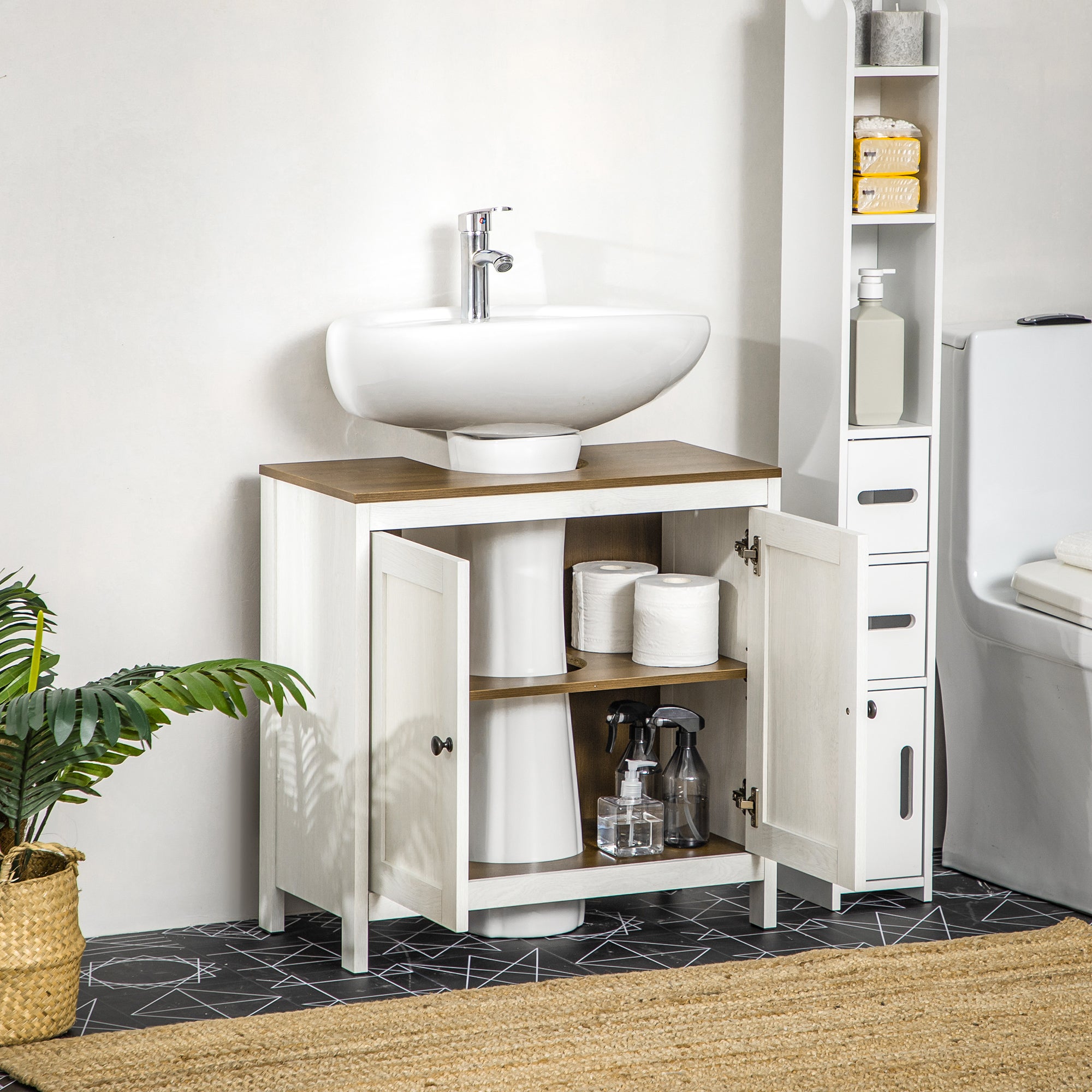 Meuble sous lavabo meuble de salle de bain 2 portes avec étagère 60 x 30 x 60 cm blanc et aspect bois - 9