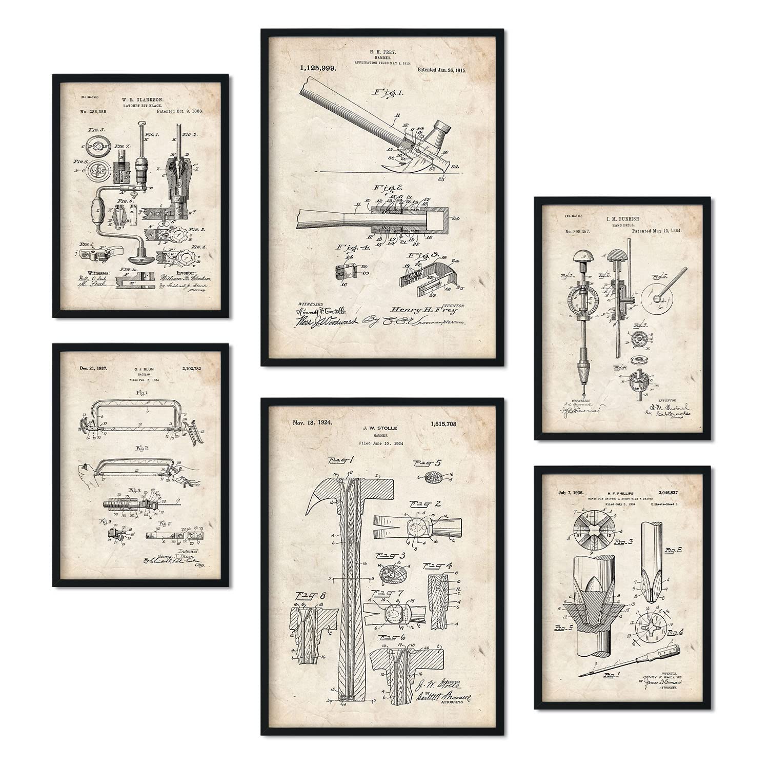 Set de 6 láminas de patentes herramientas de construccion 2. pósteres con dibujos retro de inventos antiguos para tu hogar. tamanos a4 y a3 sin marco