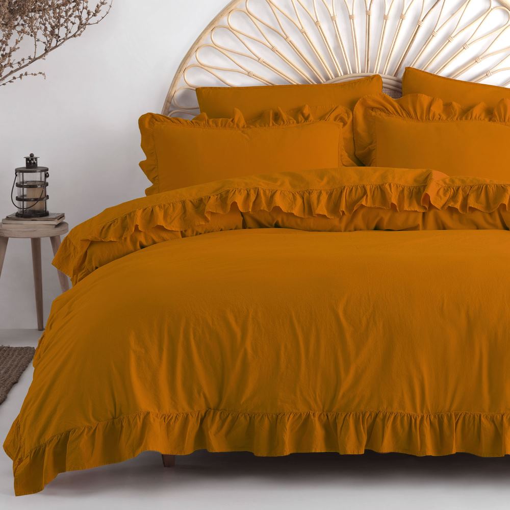 Pościel bawełniana z falbanką 160x200 Stonewashed Exclusive, Sudan Brown, brązowa - Limasso