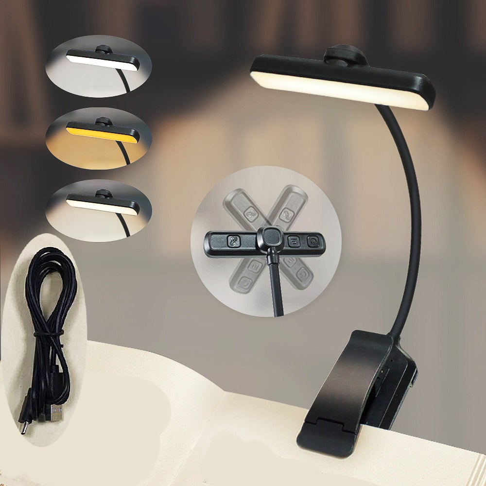 Lampa do czytania 24 diody LED, akumulatorowa z klipsem, ochrona oczu, płynne przyciemnianie i 3 kolory (bursztynowy/biały/mieszany), elastyczna w za