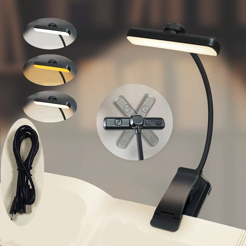 Lampa do czytania 24 diody LED, akumulatorowa z klipsem, ochrona oczu, płynne przyciemnianie i 3 kolory (bursztynowy/biały/mieszany), elastyczna w za