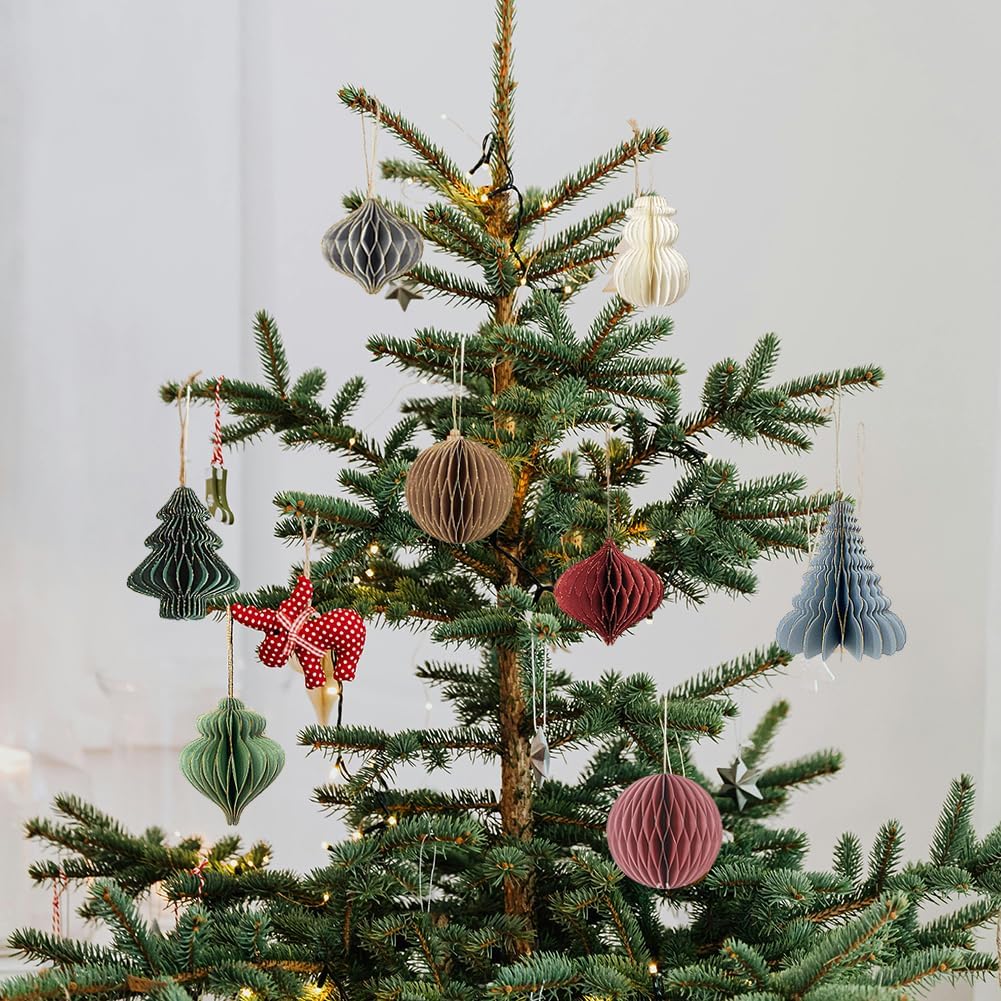 Décorations de Noël - 6 mini lanternes en papier 3D à bords scintillants, décorations suspendues à motif nid d'abeille - 2