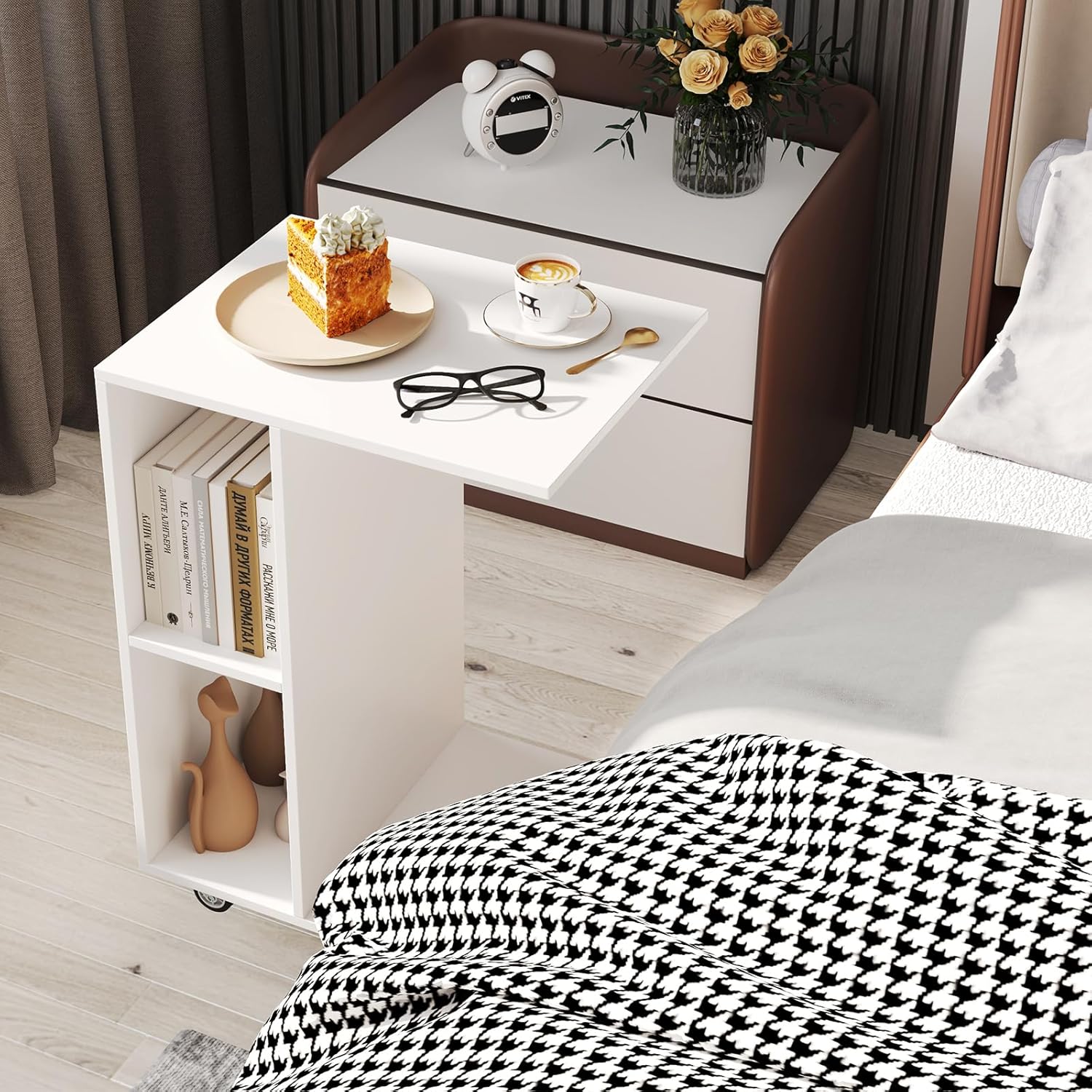 Tavolino a Forma di C con Ruote, Tavolino Laterale da Divano con 2 Cubi di Stocaggio, Tavolino da Caffè Salvaspazio, per Camera da Letto, Sogg - 5