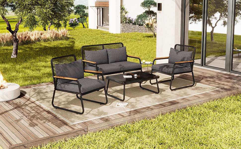 Salon de jardin, ensemble table et canapé pour 4 personnes avec structure en fer galvanisé,y compris tous les coussins d'assise et de dossier,noir - 8