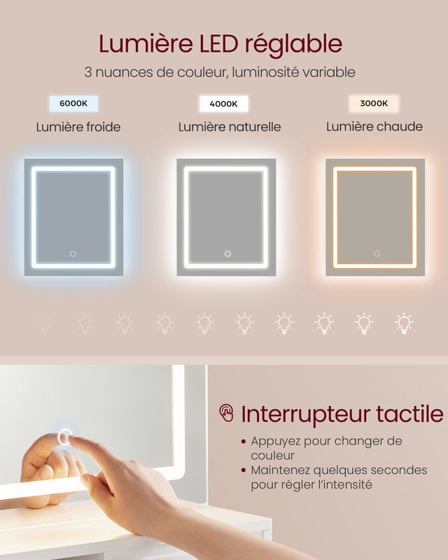 Coiffeuse avec Miroir LED, avec Multiprise, Compartiment avec 2 Étagères Réglables, 1 Tiroir, 2 Étagères, Coin Beauté, Moderne, Blanc - 6