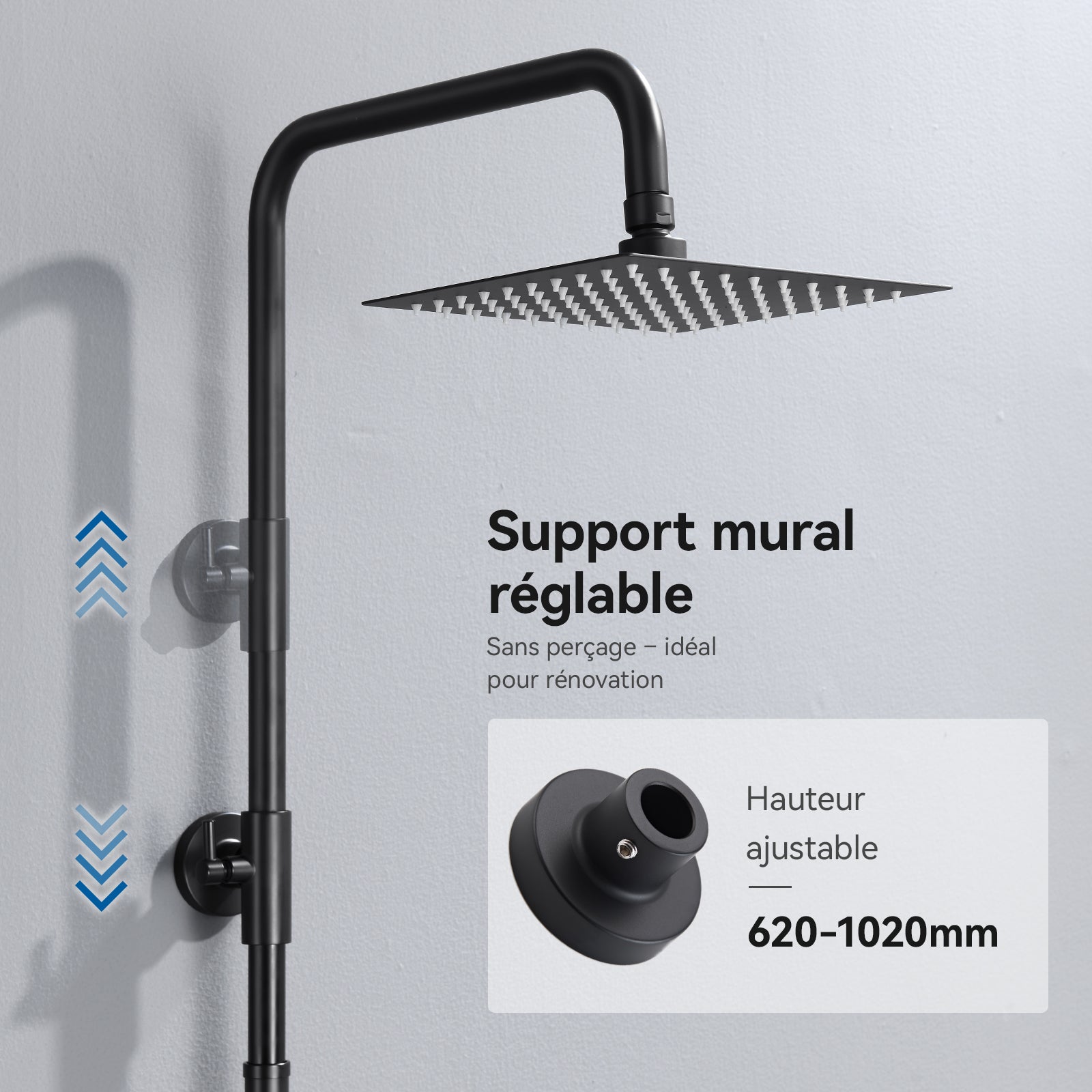 Auralum max Colonne Douche Noir sans Mitigeur Ensemble Douche avec Douchette,Réglable en hauteur avec Tête Douche Carrée 20*20cm,Acier Inoxydable - 5