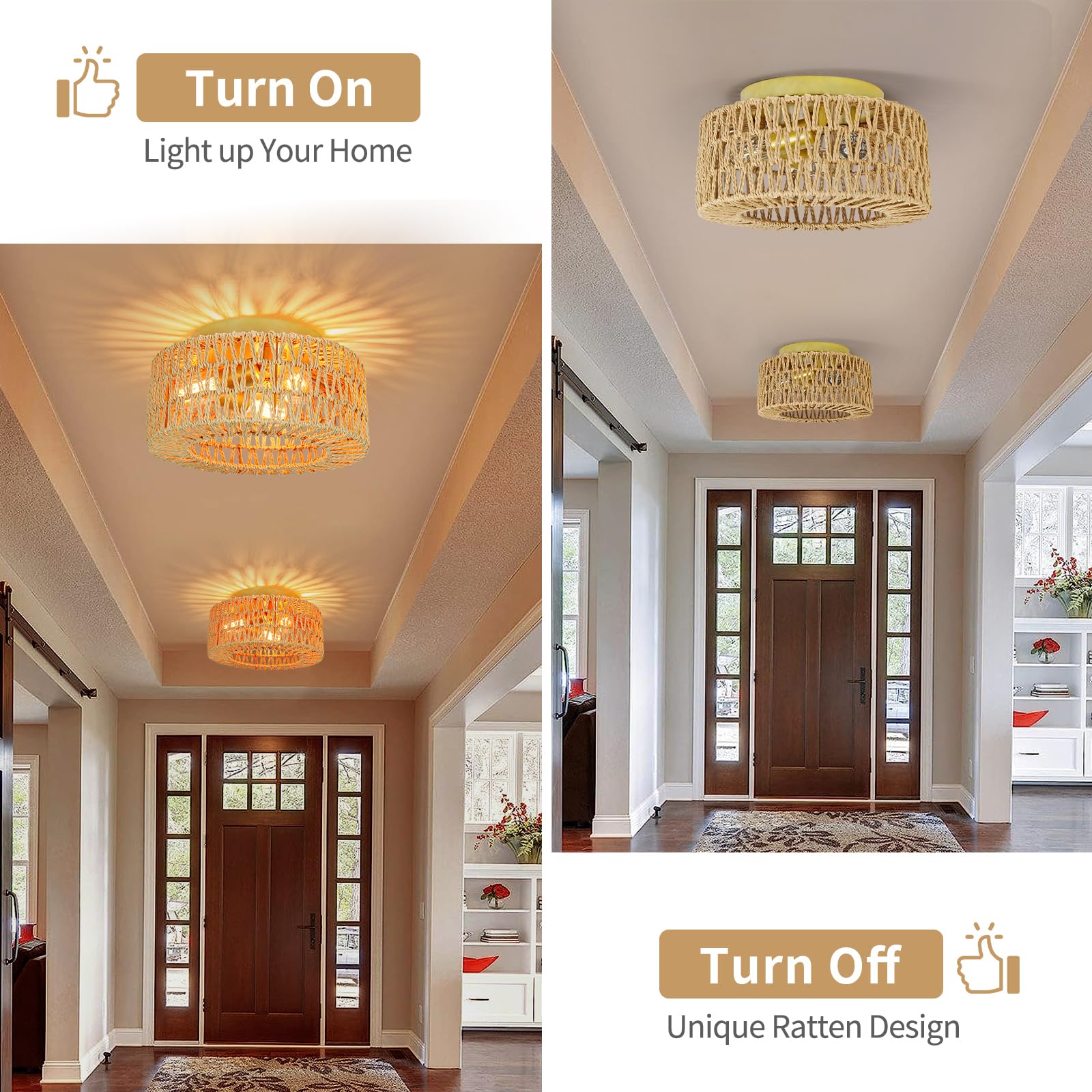 Lampa sufitowa rattanowa, żyrandol w stylu boho, lampa wisząca z żarówką, żyrandol sufitowy w stylu wabi-sabi, 3 temperatury barwowe (3000K–6000K) - 6