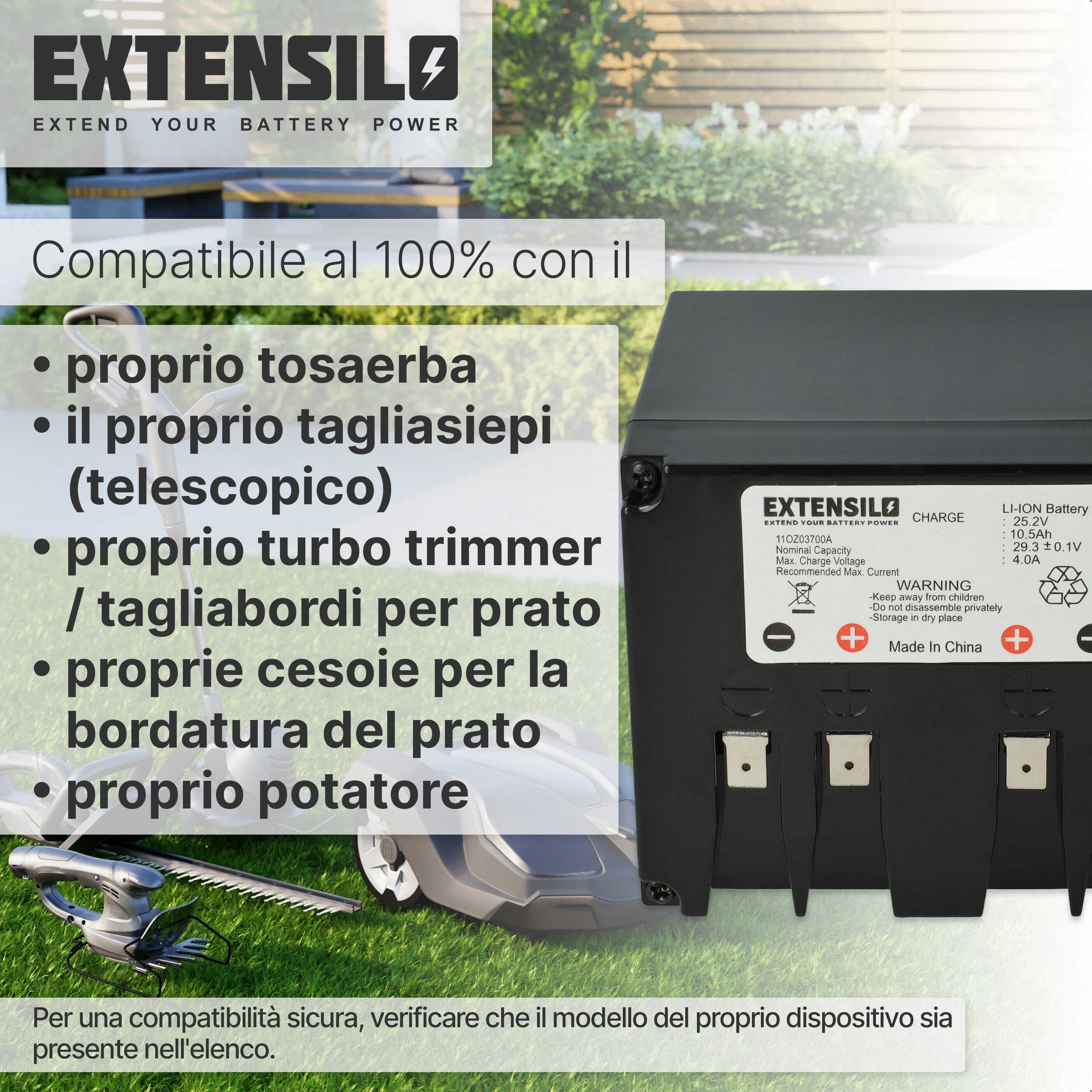 EXTENSILO Batterie compatible avec Lawnbott Lb1200, Lb1200 Spyder Ka, Lb1500, Lb1500 SpyderEVO robot tondeuse (10500mAh, 25,2V, Li-ion) - 6