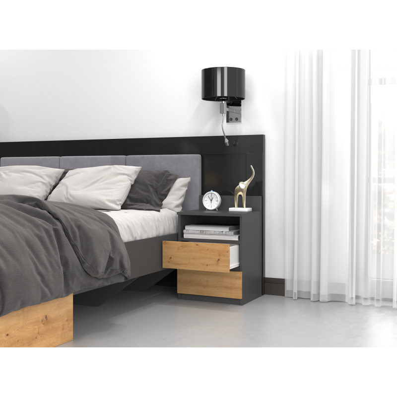 ASTER T1 - Table de chevet avec 2 tiroirs - 59x40x32 cm - Table de nuit - Style scandinave - Gris&Chêne - 4