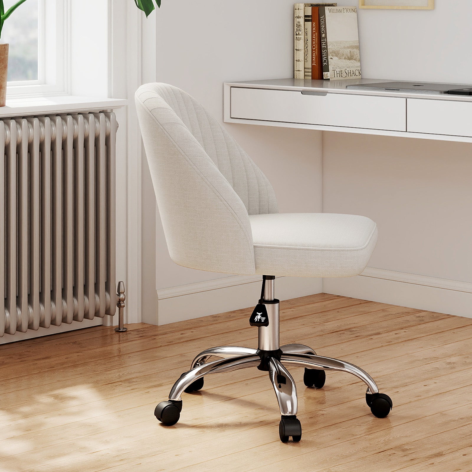 Chaise de Bureau Pivotante, Chaise de Coiffeuse sur Roulettes avec Siège Rembourré sans Accoudoirs, Réglable en Hauteur, Beige - 9