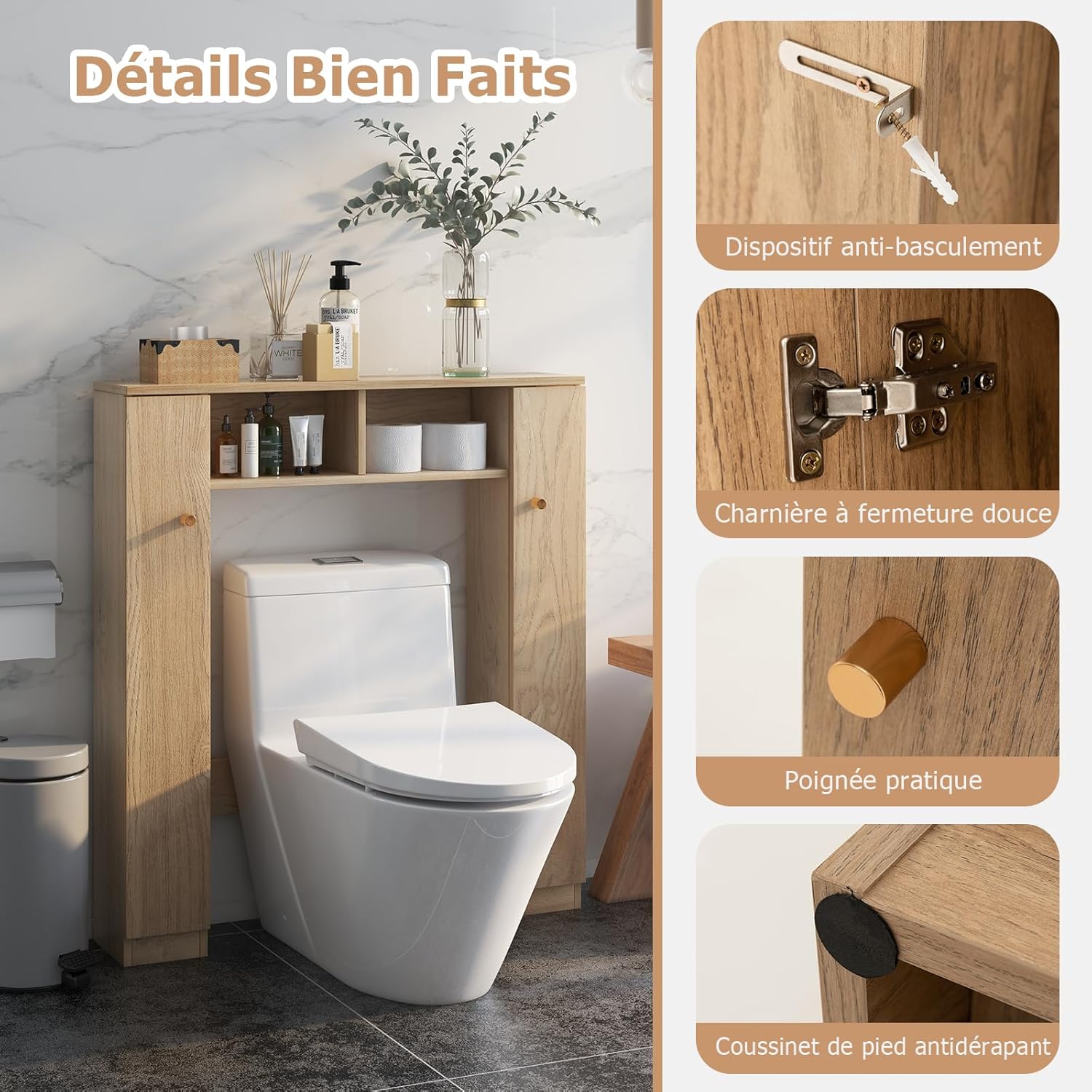 Meuble WC Étagère 87,5 x 18 x 98 cm au-Dessus des Toilettes, Meuble Salle de Bain avec Doubles Portes & 4 Étagères Réglables, Naturel - 4