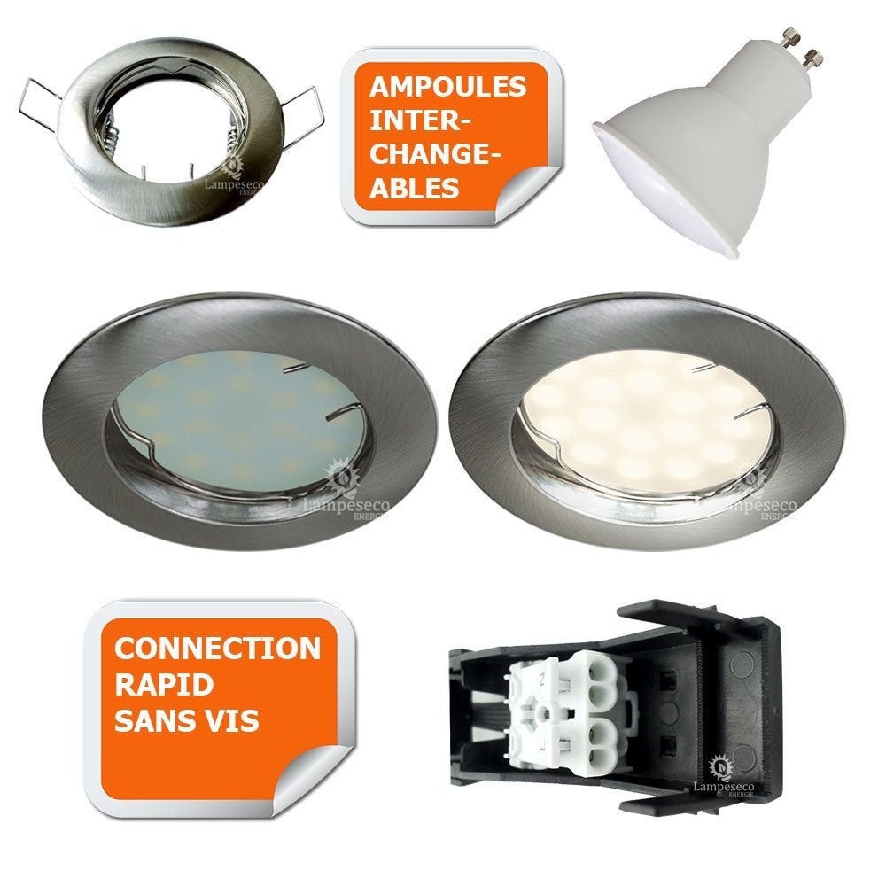 Lot de 8 spot led encastrable complète ronde fixe alu brossé blanc neutre eq. 50w - 2