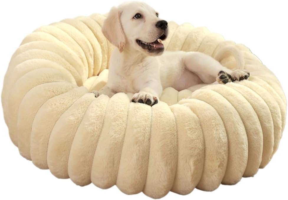 Cama redonda para perros y gatos en suave tela beige de 50 cm de