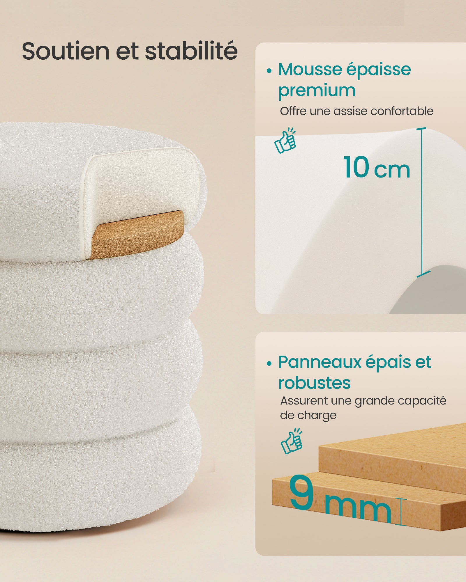 Tabouret de Coiffeuse Rond, Rembourré, avec Rangement, Couvercle Amovible, en Tissu Peluche Teddy, Blanc - 4