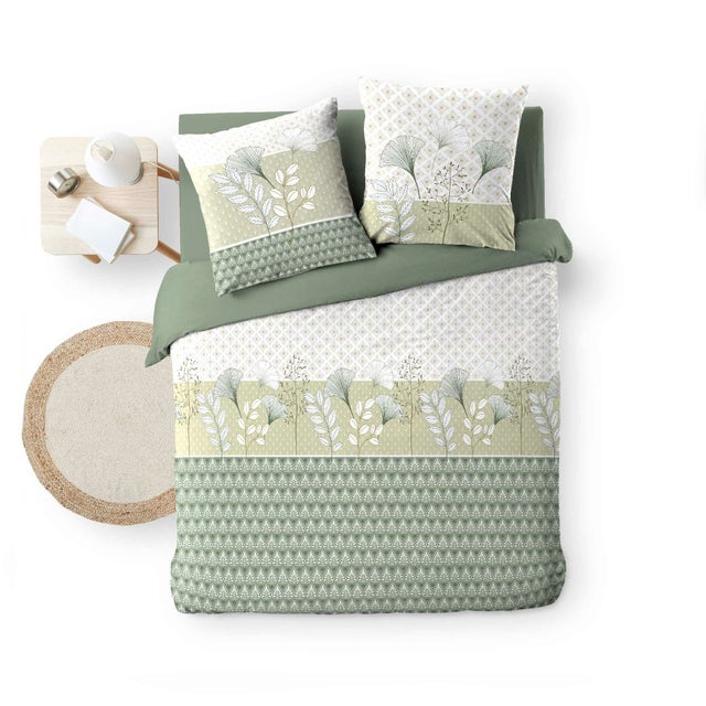 Housse de couette 240 x 220 cm + 2 taies – Coton 42 fils – Motif végétal vert sauge – Poetine