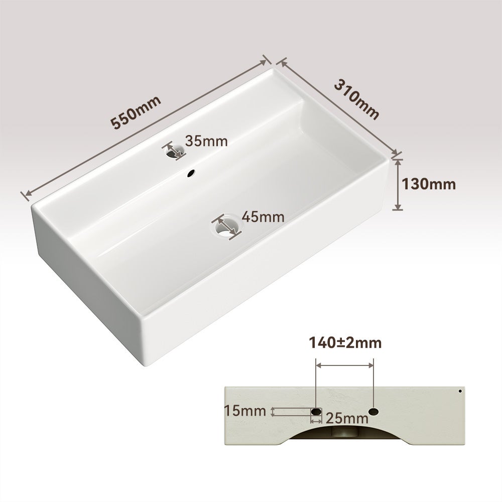 Lavabo à bord fin, rectangulaire suspendu ou à poser, avec trou pour robinet, lavabo mural pour invités 55 × 31 × 13 cm HOROW - 9