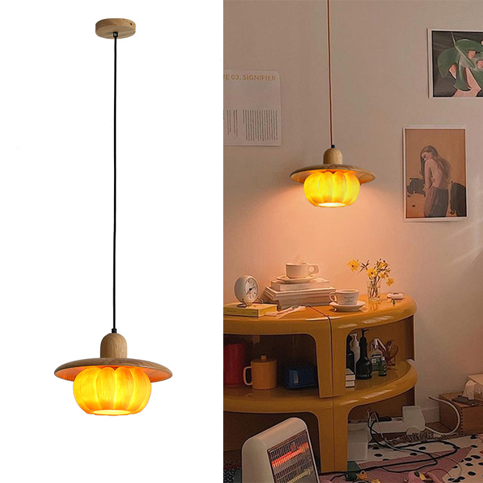 Mały żyrandol o średnicy 18 cm, Wiszący, Plafon wiszący, Lampa wisząca z abażurem z żywicy w kształcie dyni, ciepłe światło 3000 K