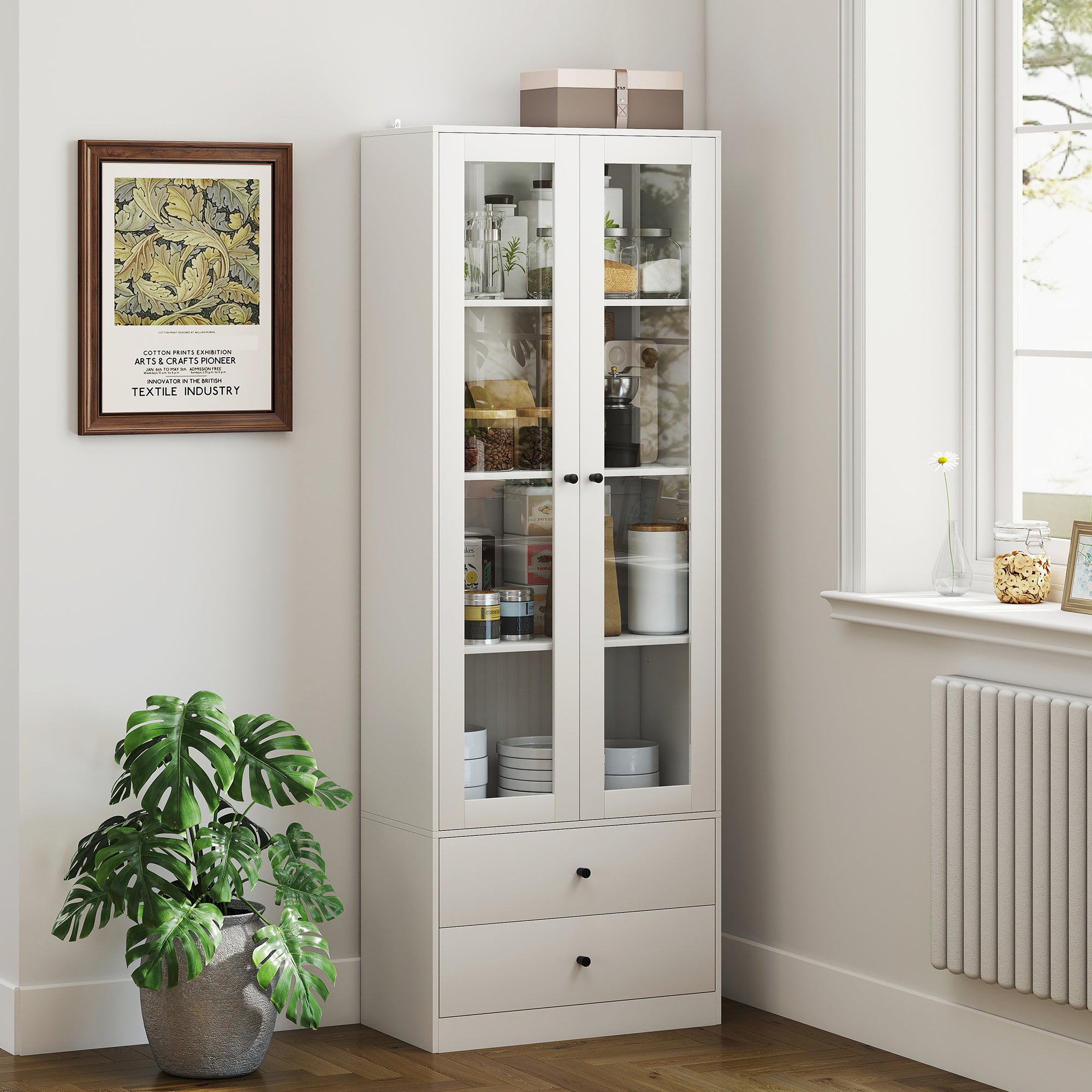 HOMCOM Credenza Cucina con Armadietto e 2 Cassetti, Ante in Vetro e Ripiani Regolabili, 59x30x164 cm, Bianco - 2