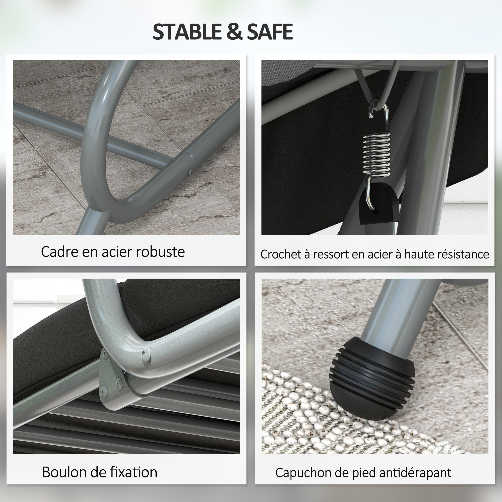 Balancelle de jardin 3 places convertible 2 tablettes coussins gris - 6