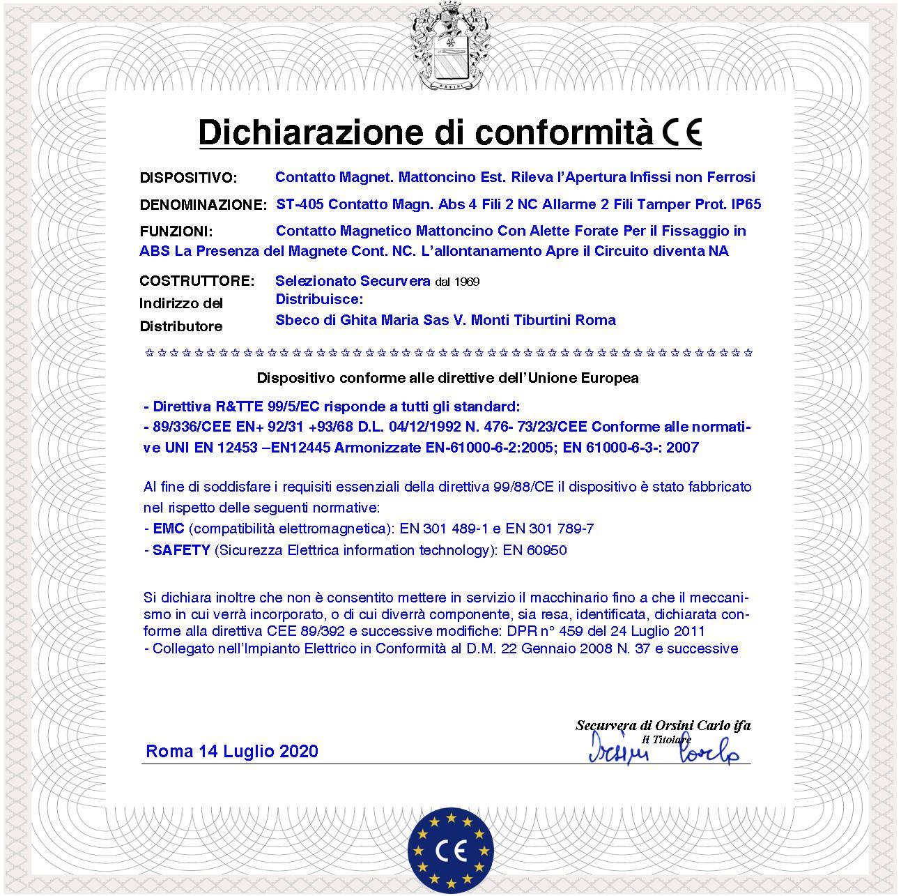 Contatto Magnetico da Esterno 5 Pezzi Con Alette di Fissaggio Reed Sottovuoto Sensibilità Magnetica 13 mm Tensione Max 30 V 0,5 A Carico Resistivo Usc - 2