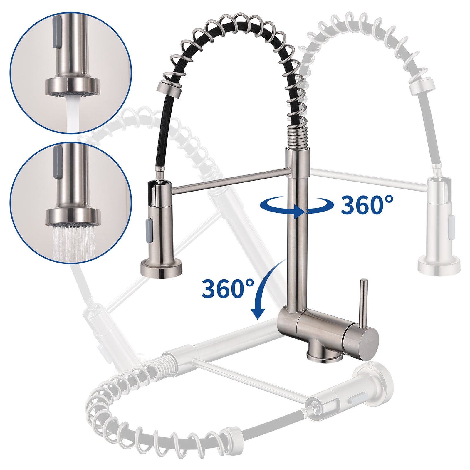 Grifo de cocina con ducha extraíble 2 modos mezclador negro giratorio 360° acero inoxidable aireador desmontable
