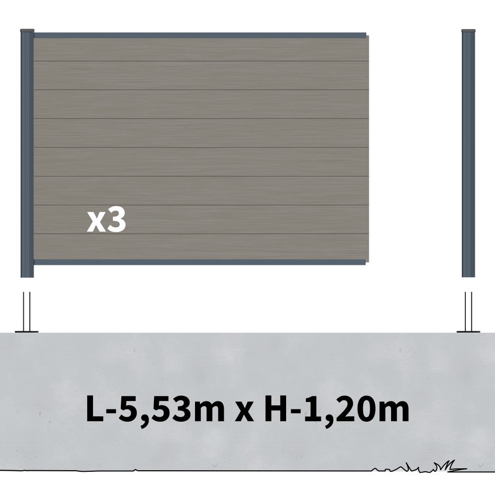 Kit Clôture Composite sur Muret RIO Platine 5,5x1,2m - Bois composite & Aluminium - Poteaux sur Platines Gris - Brise vue - 2
