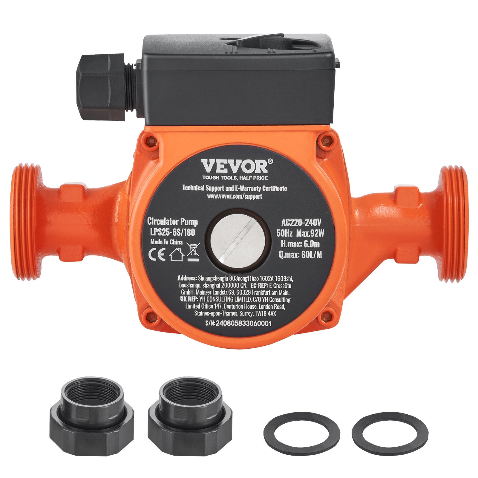 Pompe de circulation d'eau chaude, LPS25-6S-180, 60 L/min, 3 vitesses, 220V 92W, hauteur de refoulement maximale 6 m pour systèmes d'eau chaude VEVOR - 9